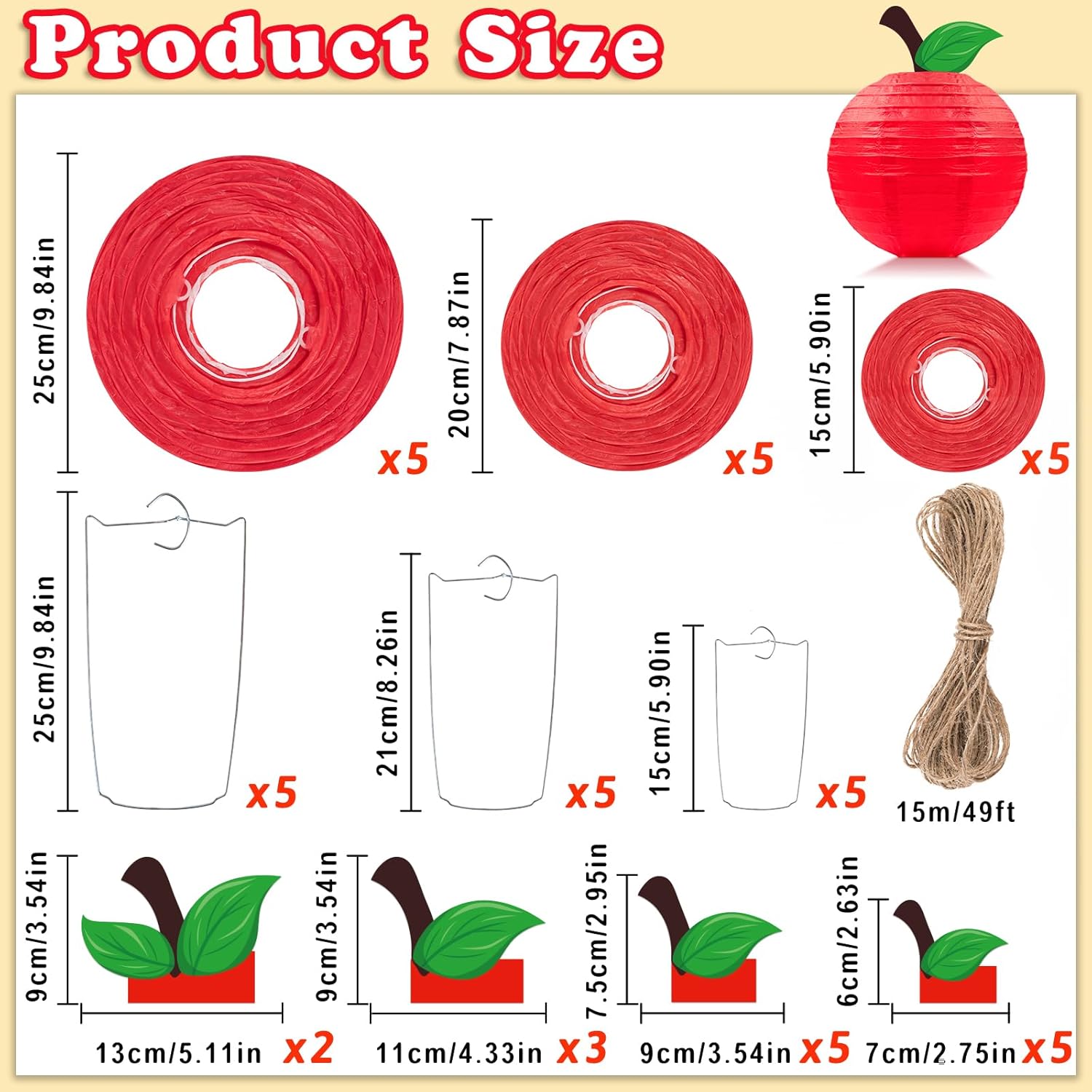 Renbuzhu 15Pcs Apple-Shaped Paper Lanterns Classroom Decor