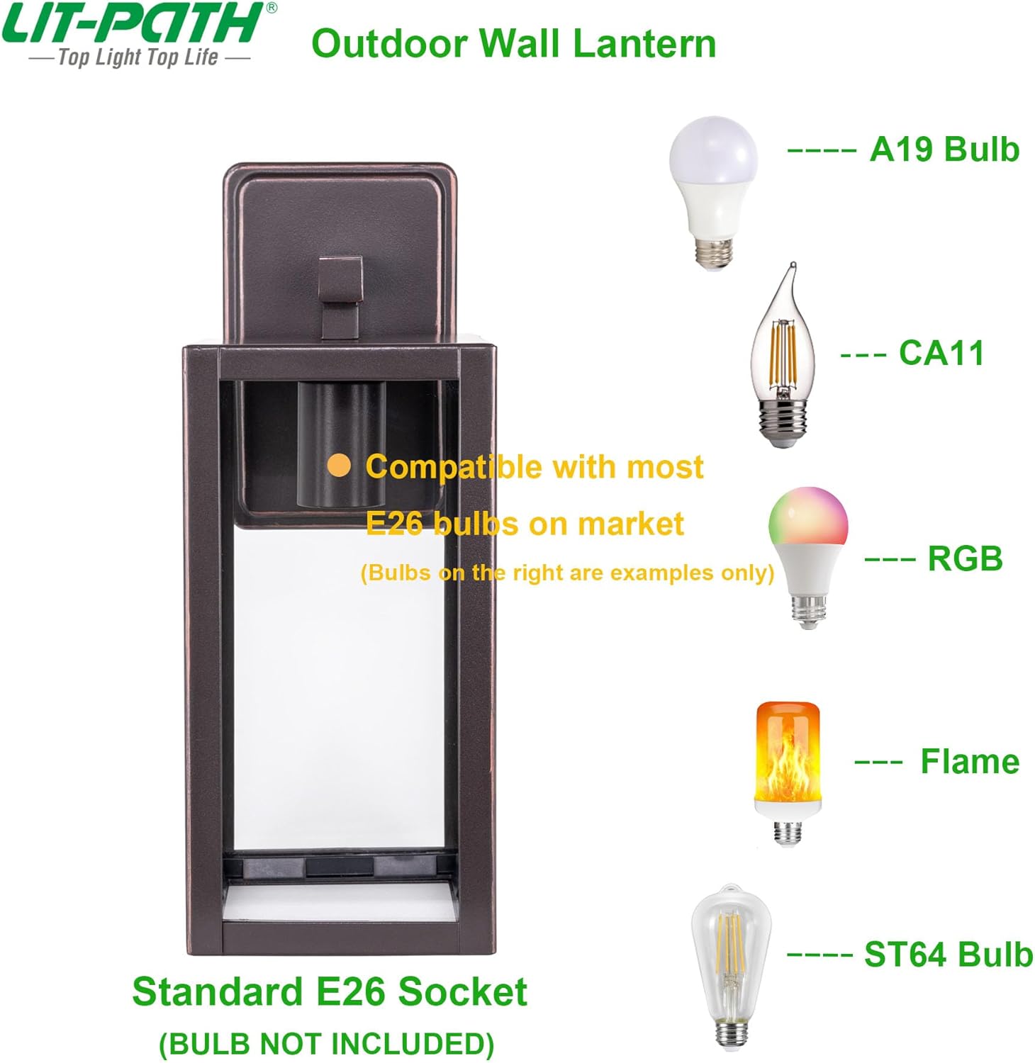 LIT-PaTH 2-Pack Wall Lantern with E26 Base Glass Shade