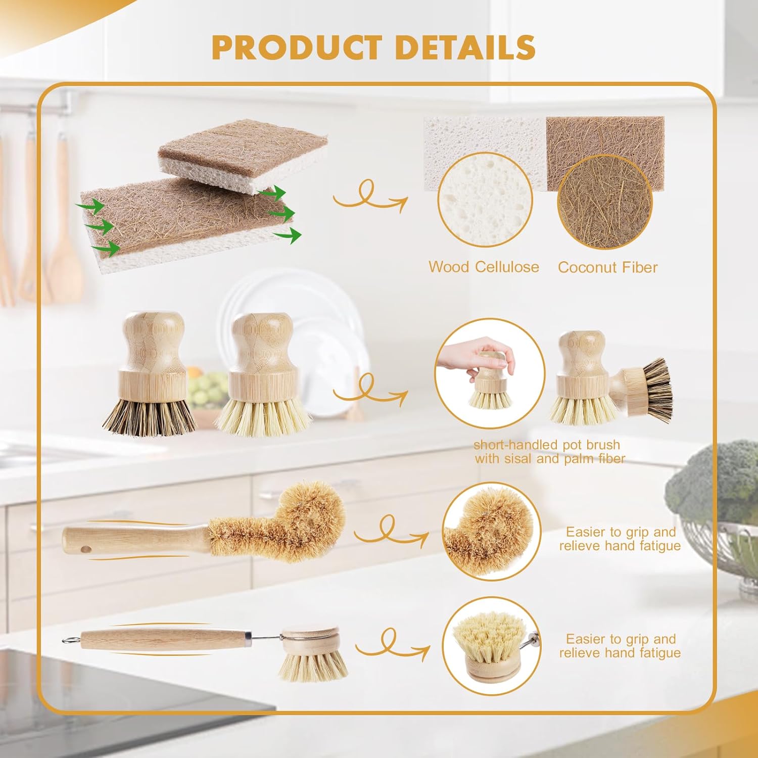 DEBETOOL 6-Piece Bamboo Dish Brush Set