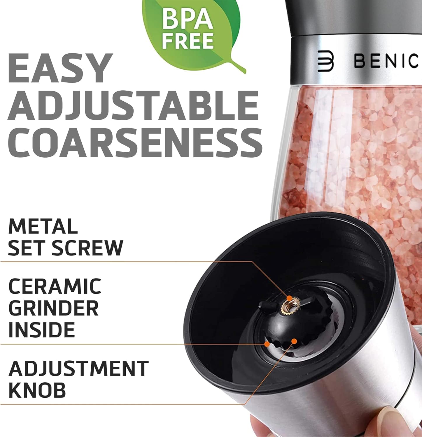 Benicci Salt and Pepper Grinder Set of 2 - Adjustable Coarseness