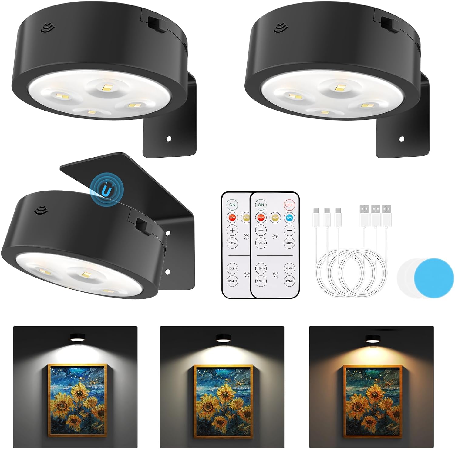 Narotood 3 Pack Rechargeable Picture Lights with Remote Control Timer