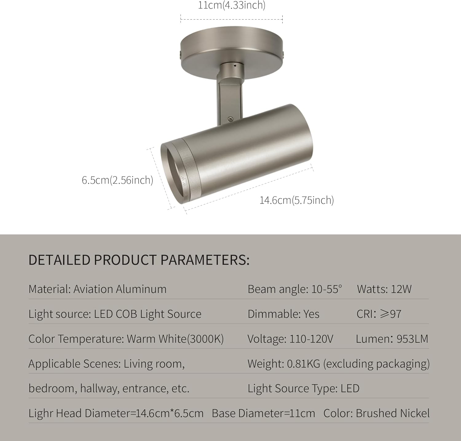 Lovuphoria Dimmable Zoom Ceiling Spotlight 12W LED Brushed Nickel