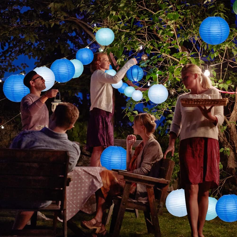 YUNXUAN Blue Paper Lanterns with LED Lights Set of 12