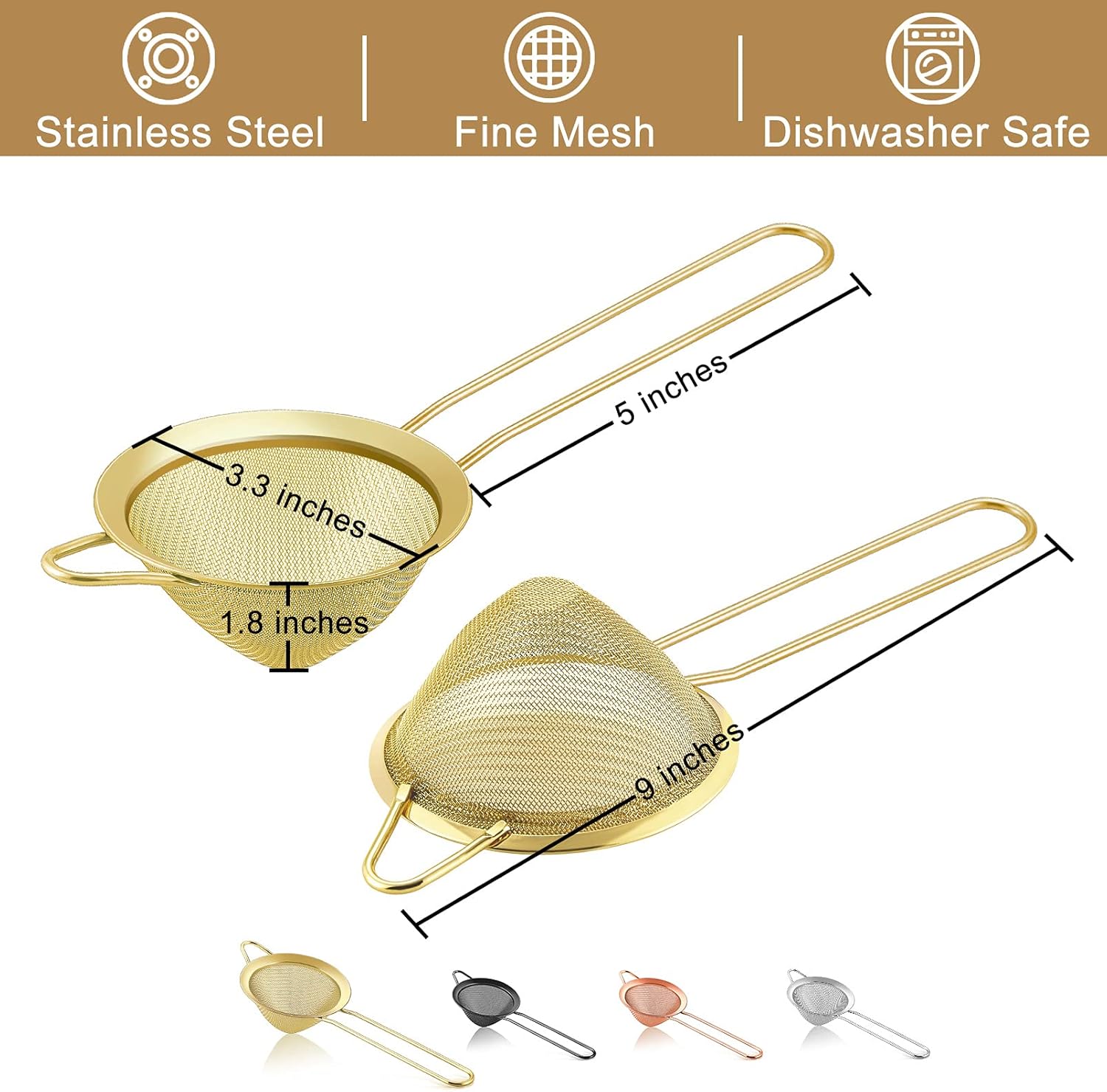 TeamFar Fine Mesh Strainer Set of 2 Gold