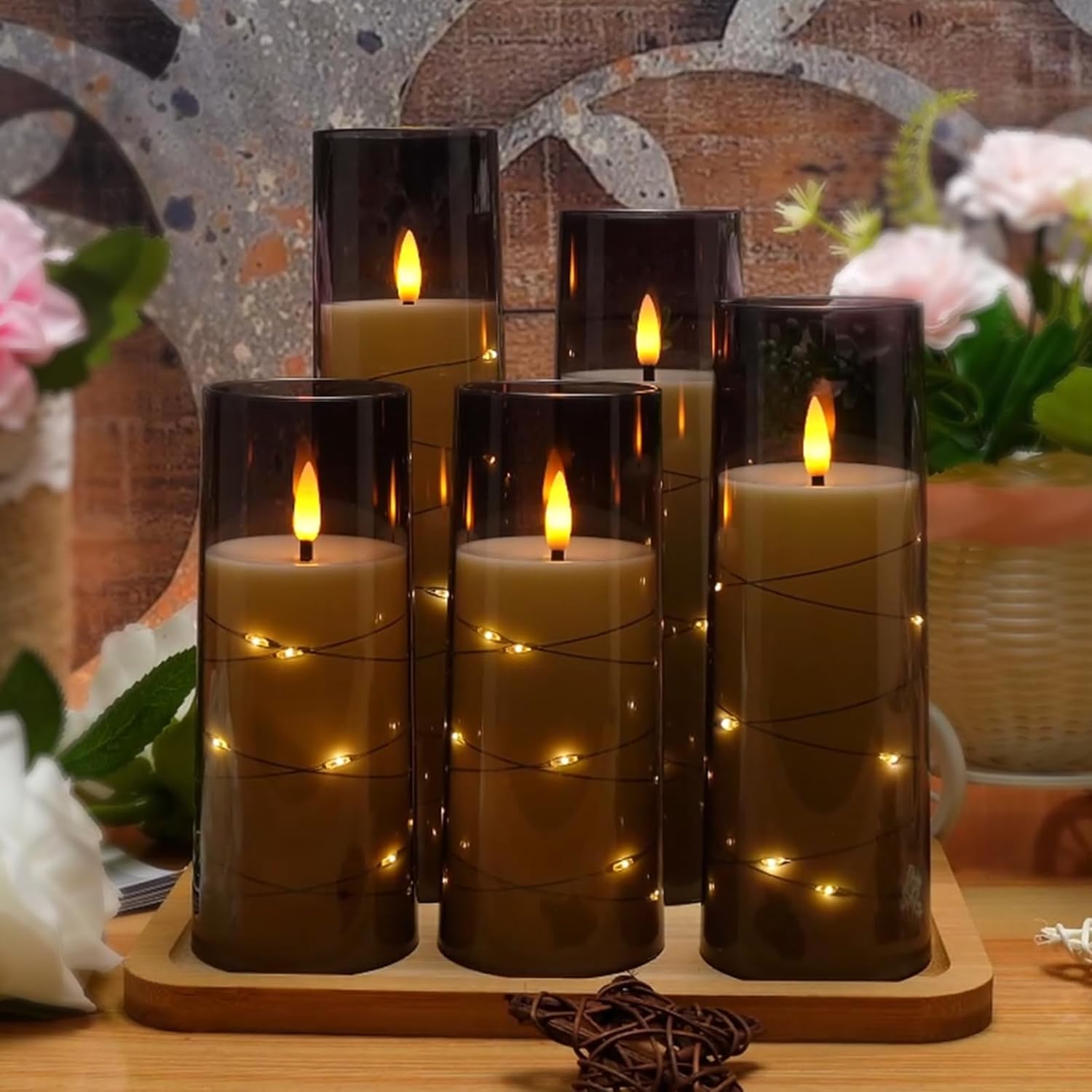 Flameless LED Candles with Timer 5 Pack - Battery Operated Grey