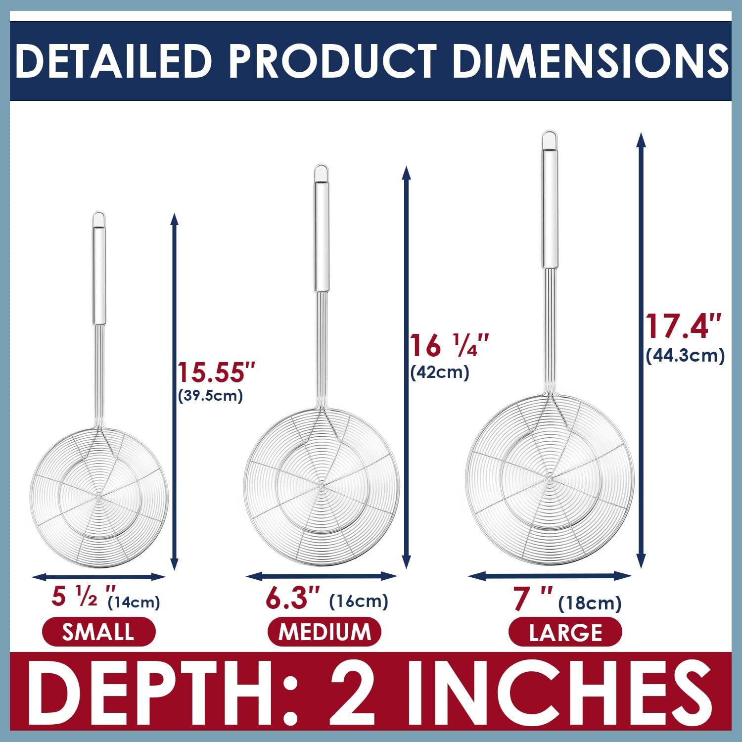 KEISSCO Stainless Steel Skimmer Set of 3 for Frying and Cooking
