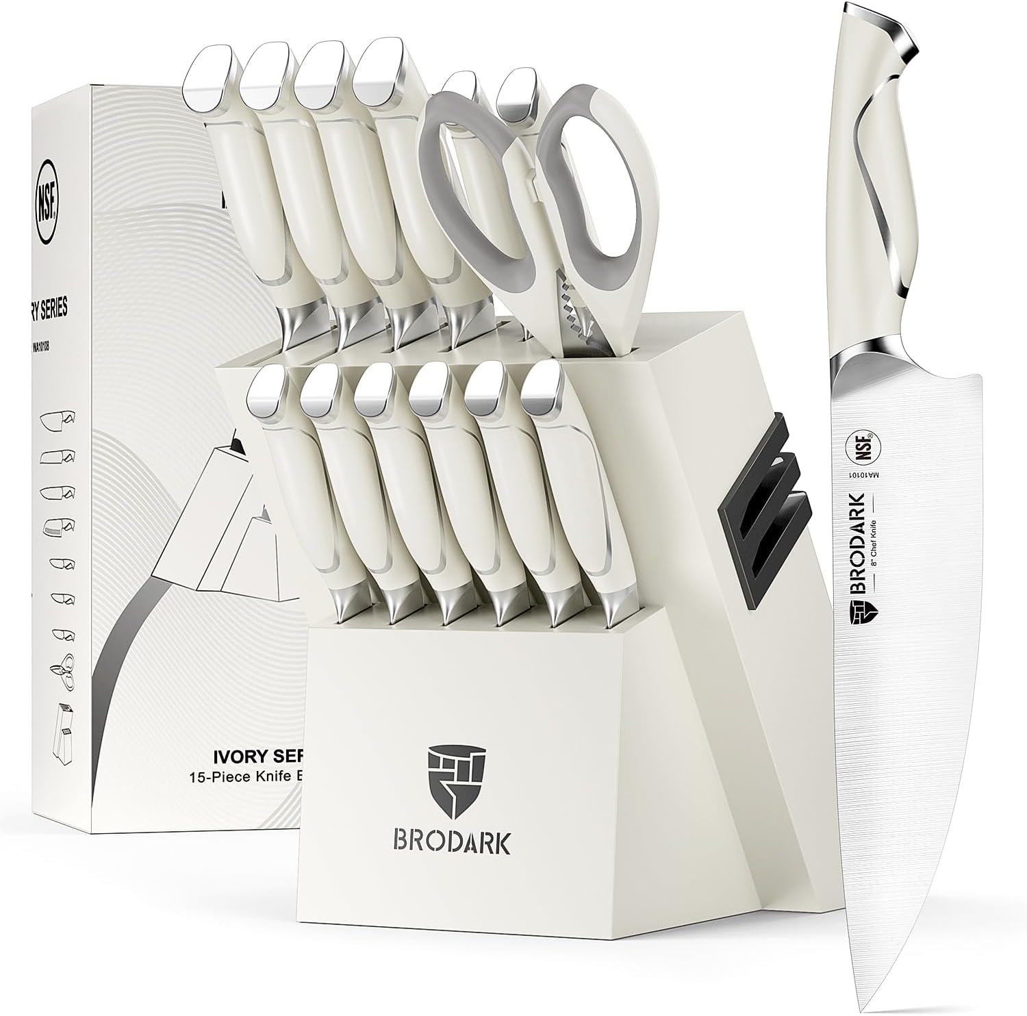 BRODARK Ivory Series 15Pc Chef Knife Set with Block and Sharpener