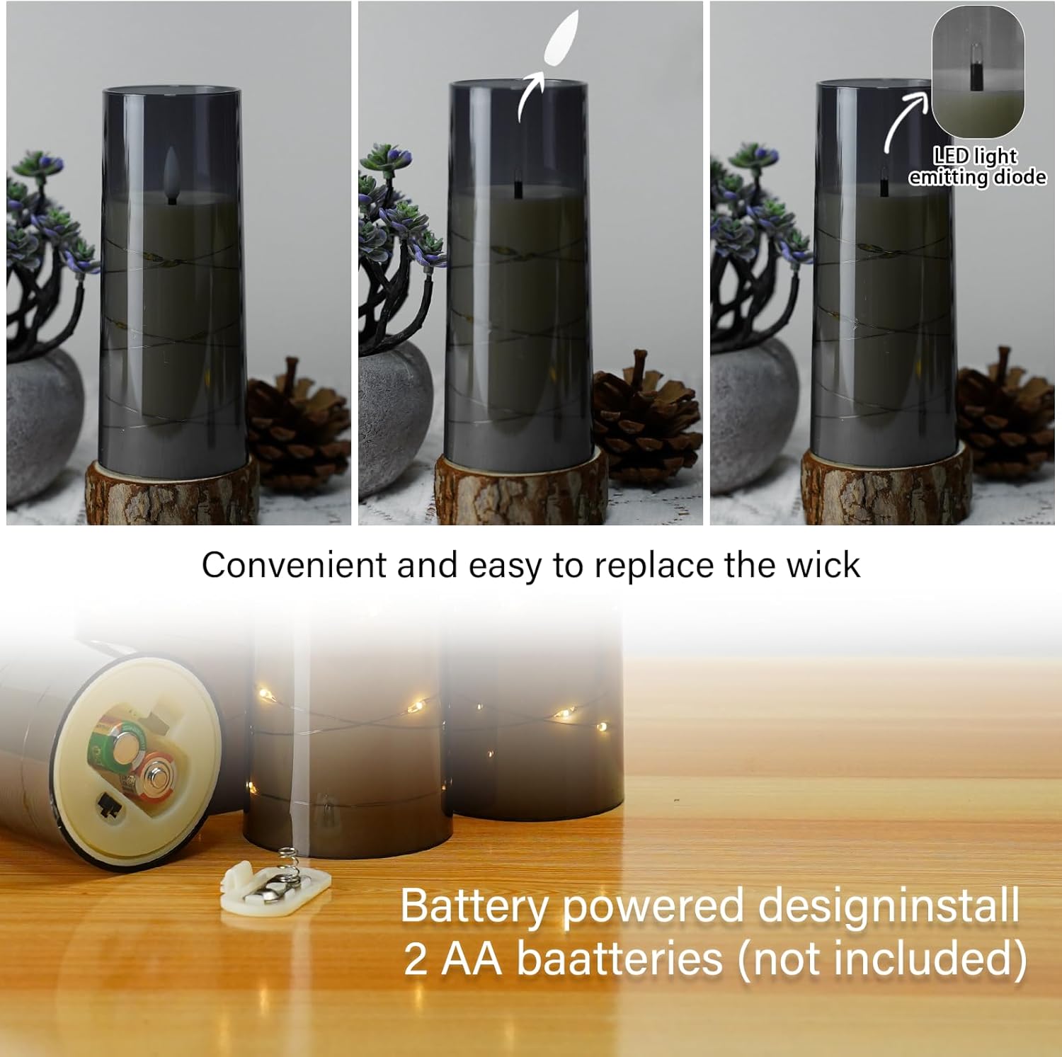 Flameless LED Candles with Timer 5 Pack - Battery Operated Grey