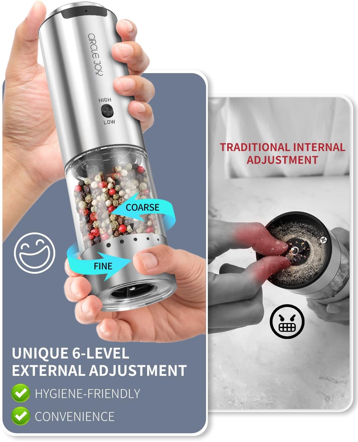 CIRCLE JOY Rechargeable Pepper Mill with Adjustable Coarseness and LED Light