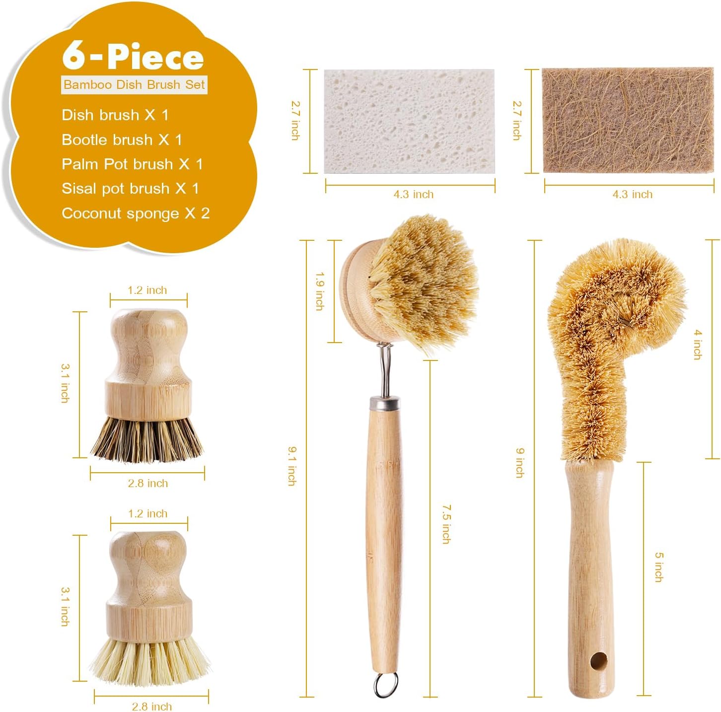 DEBETOOL 6-Piece Bamboo Dish Brush Set