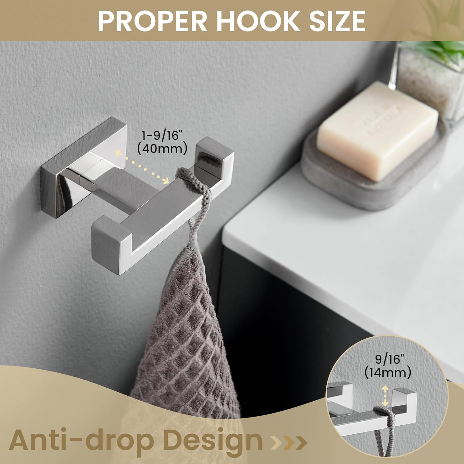 Suyar Double Towel Hook SUS304 Stainless Steel Polished Chrome Wall Mounted