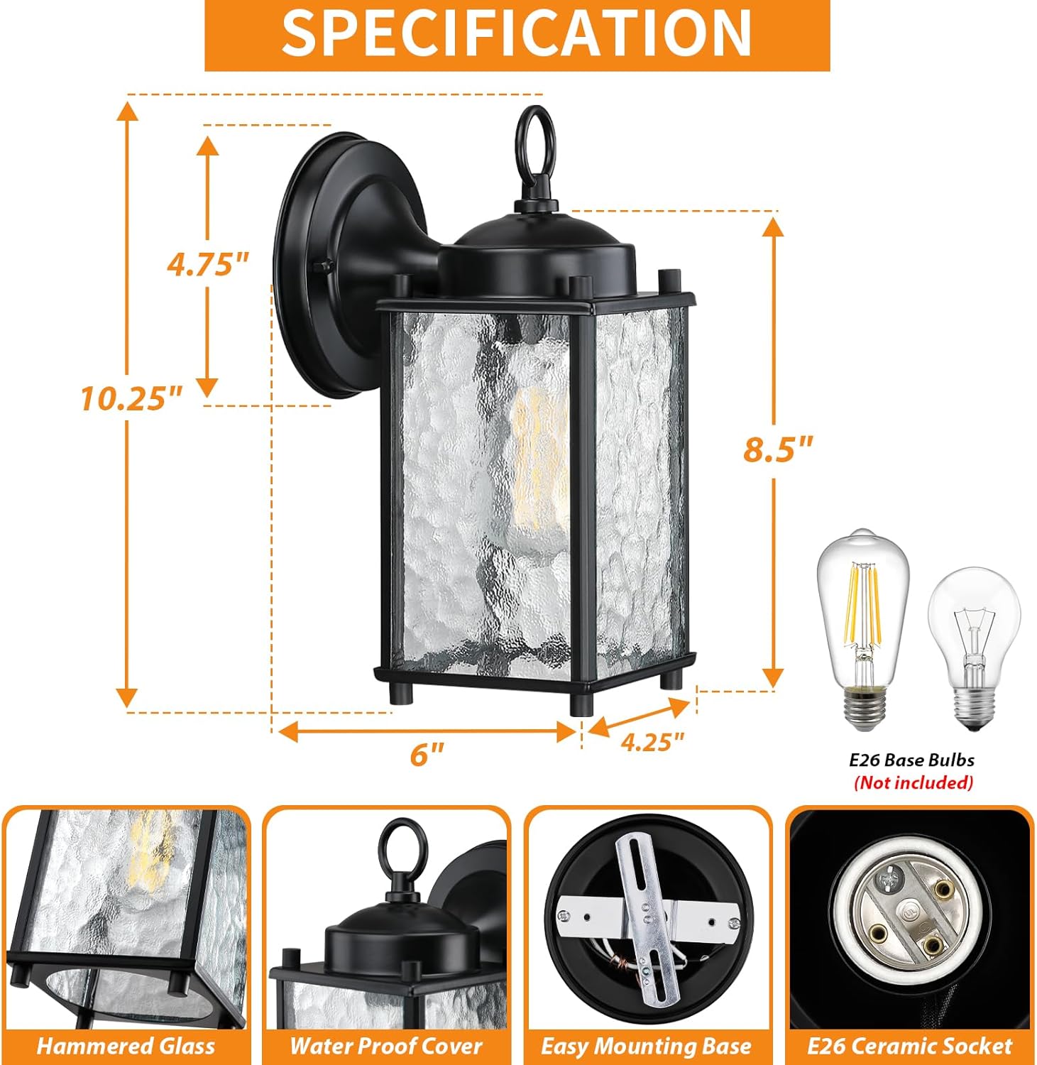 Caisens Black Outdoor Wall Light with Hammered Glass 1