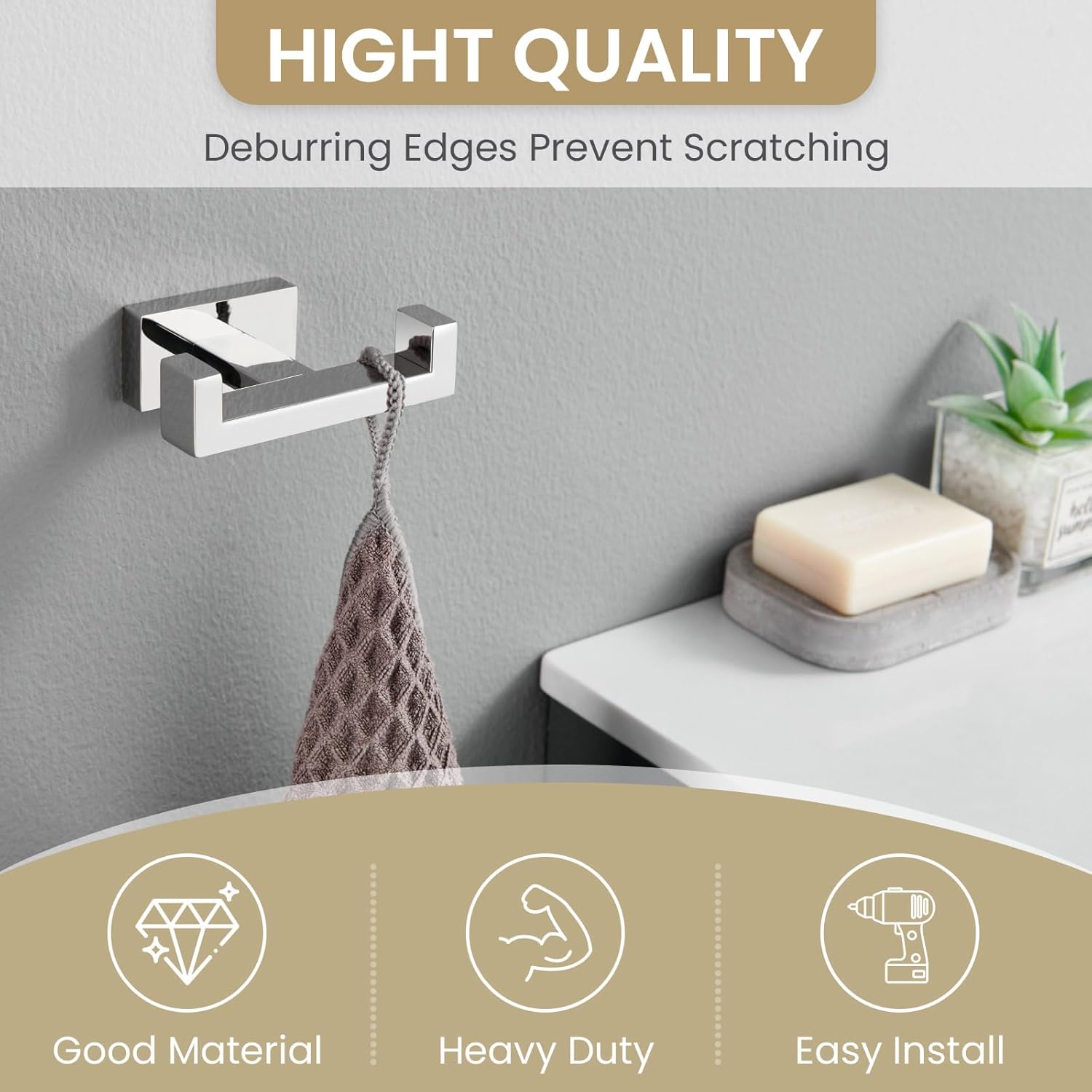 Suyar Double Towel Hook SUS304 Stainless Steel Polished Chrome Wall Mounted