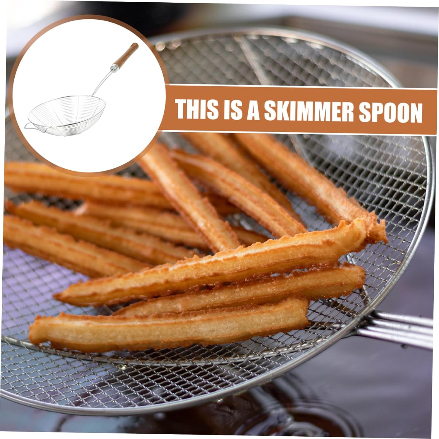 BRIGHTFUFU 304 Stainless Steel Skimmer Spoon with Wooden Handle