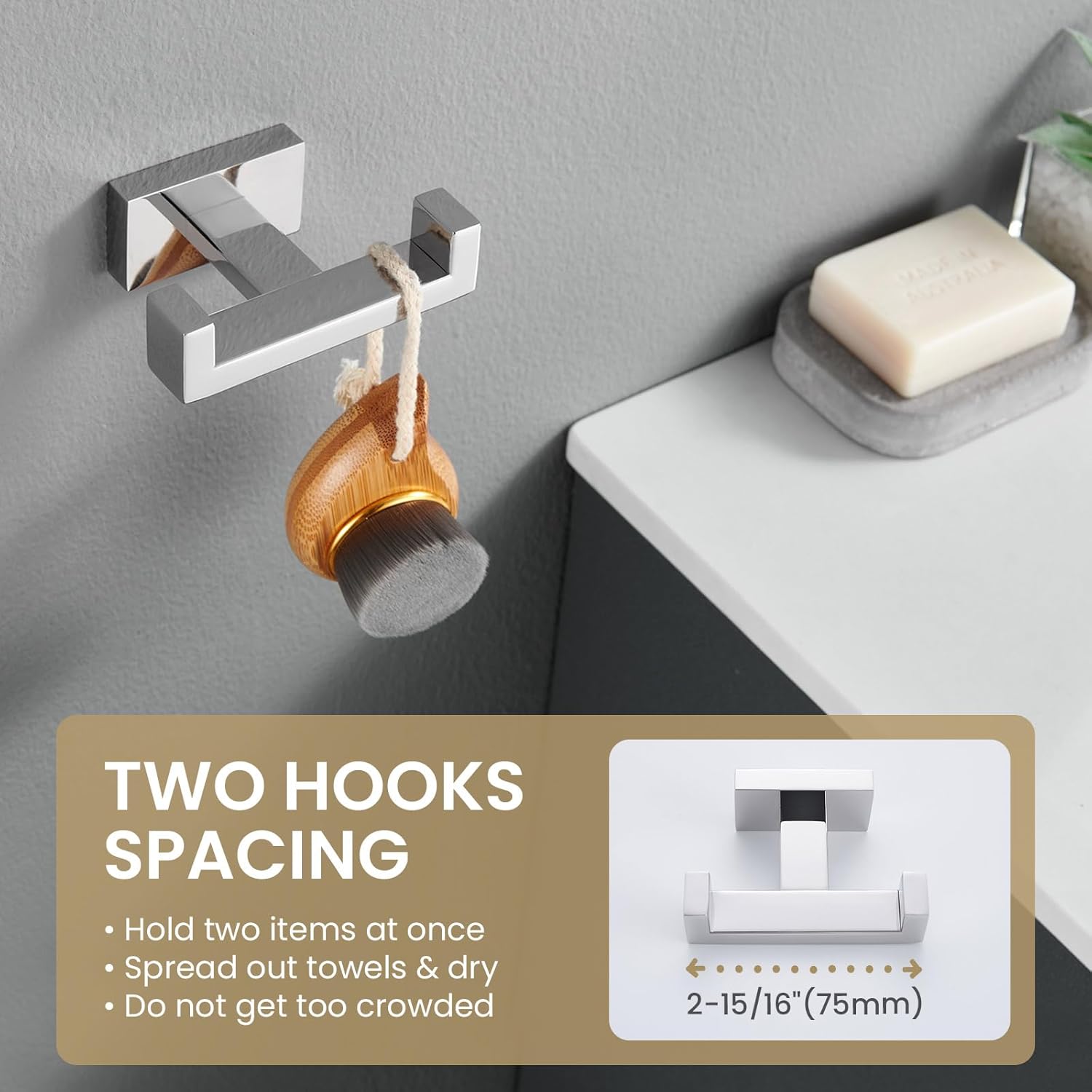 Suyar Double Towel Hook SUS304 Stainless Steel Polished Chrome Wall Mounted
