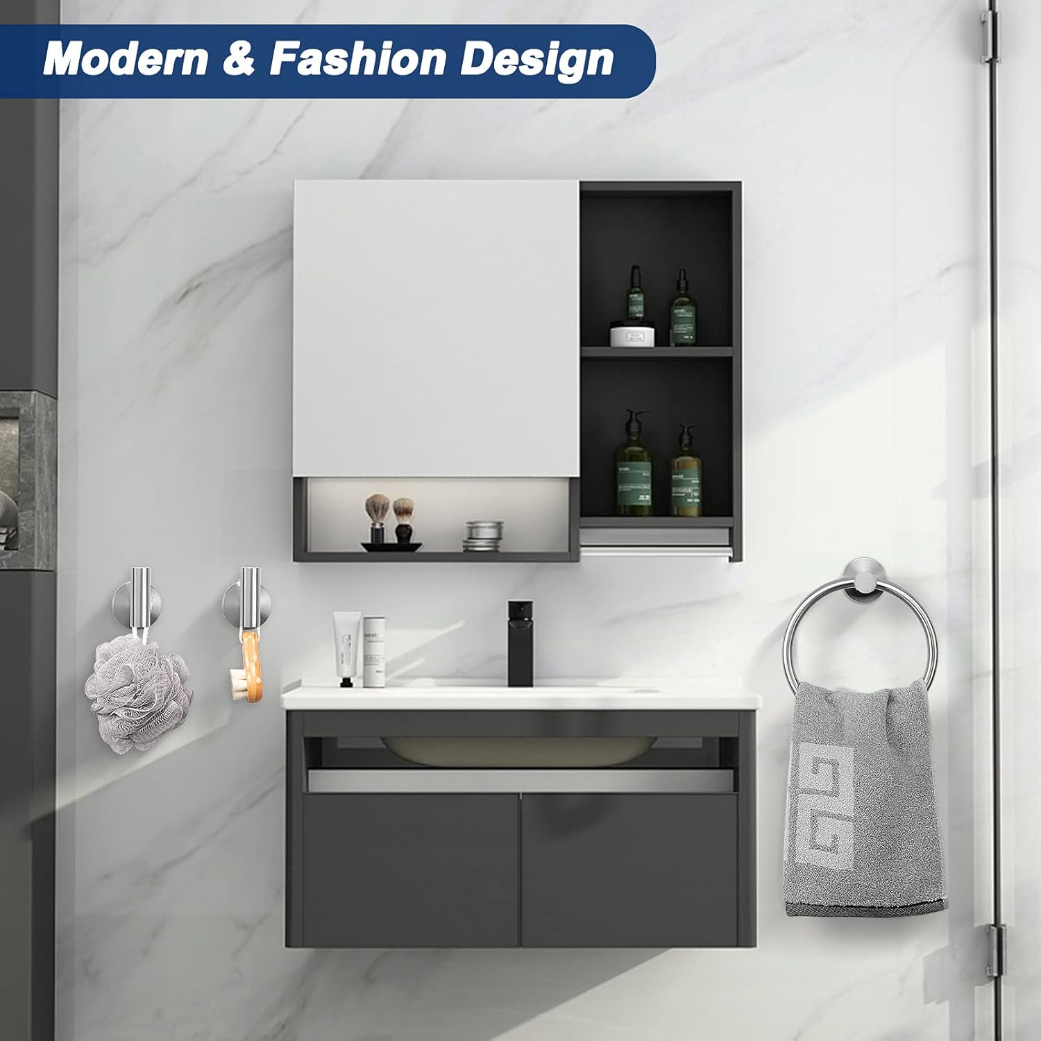 NearMoon 3-Piece Bathroom Hardware Set - Brushed Nickel Towel Ring Hooks