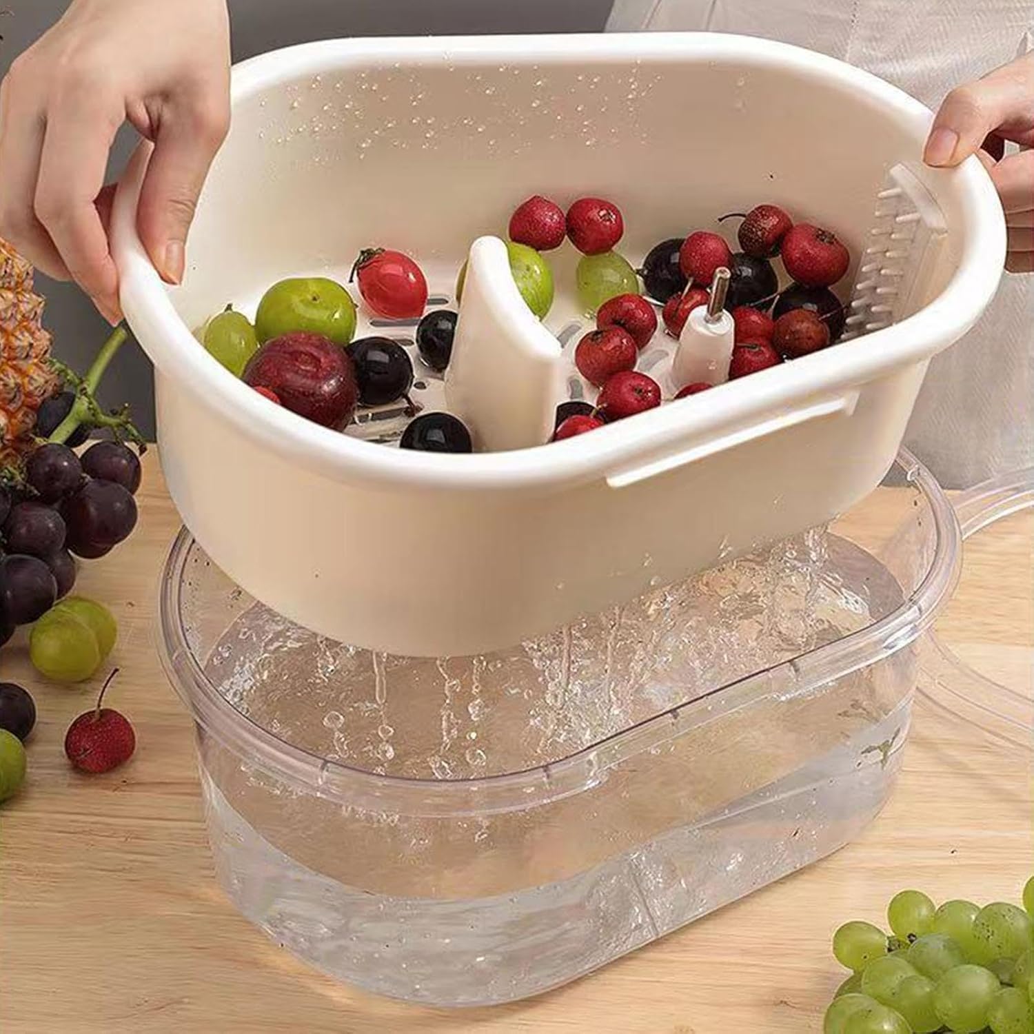 Fruit Cleaner Spinner with Brush and Colander