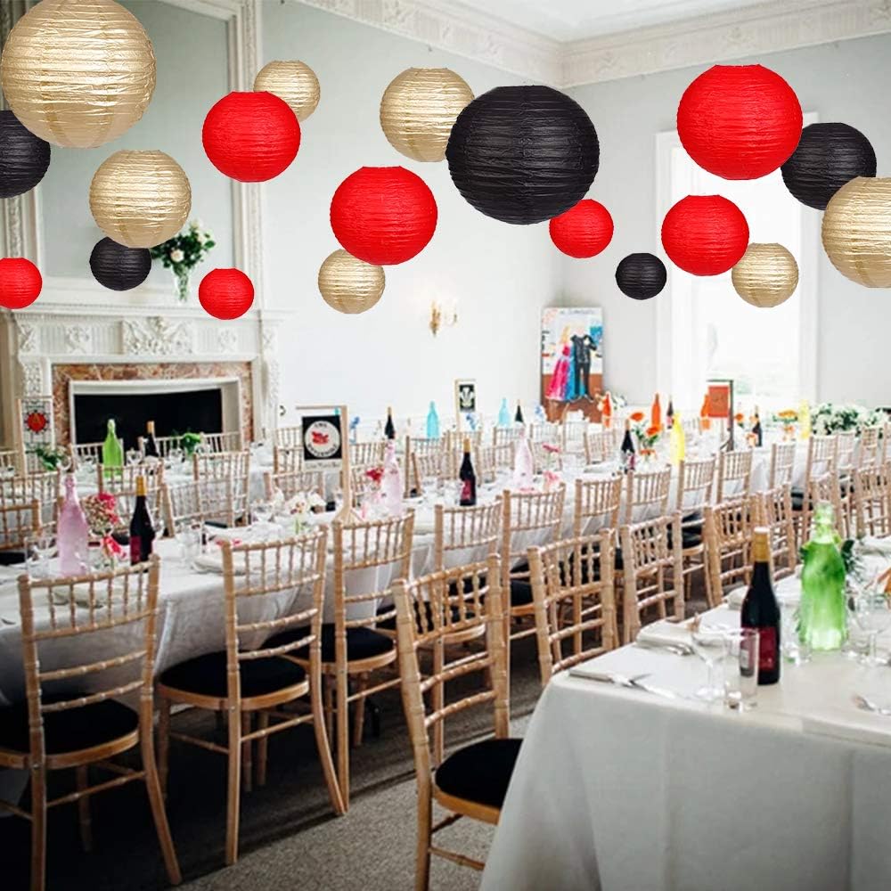 Zilue 15pcs Round Paper Lanterns Black Gold Red Party Decor