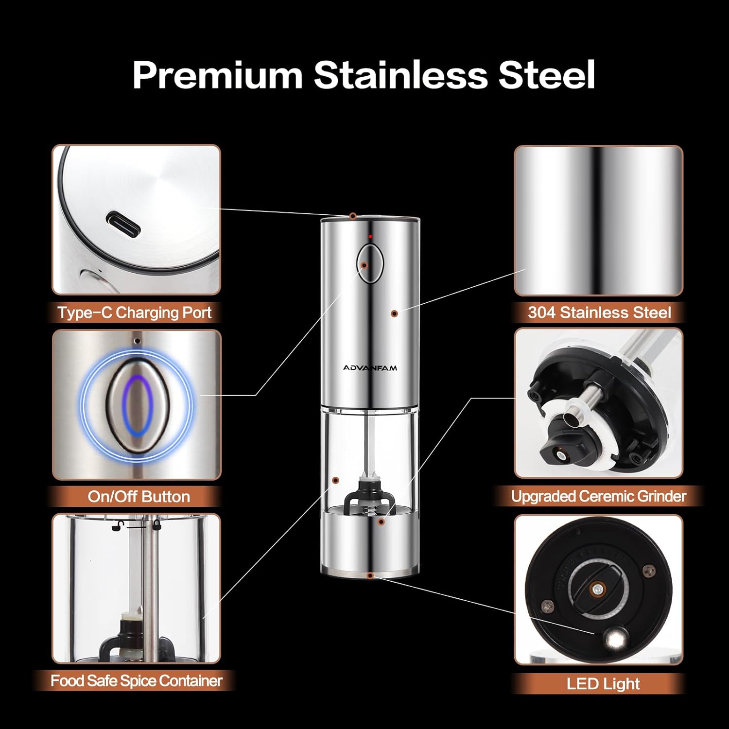 Advanfam Electric Pepper Salt Grinder Set with LED Light