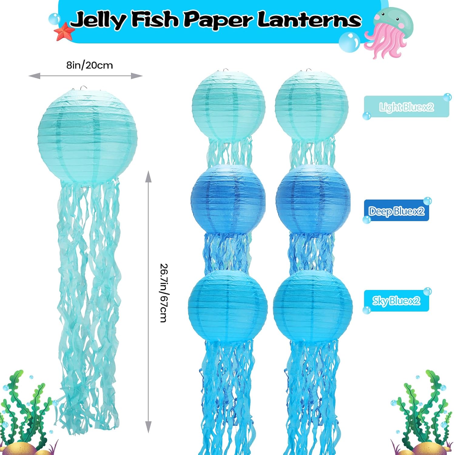 GAILROSO Jellyfish Paper Lanterns 6Pack Blue 8Inch 1