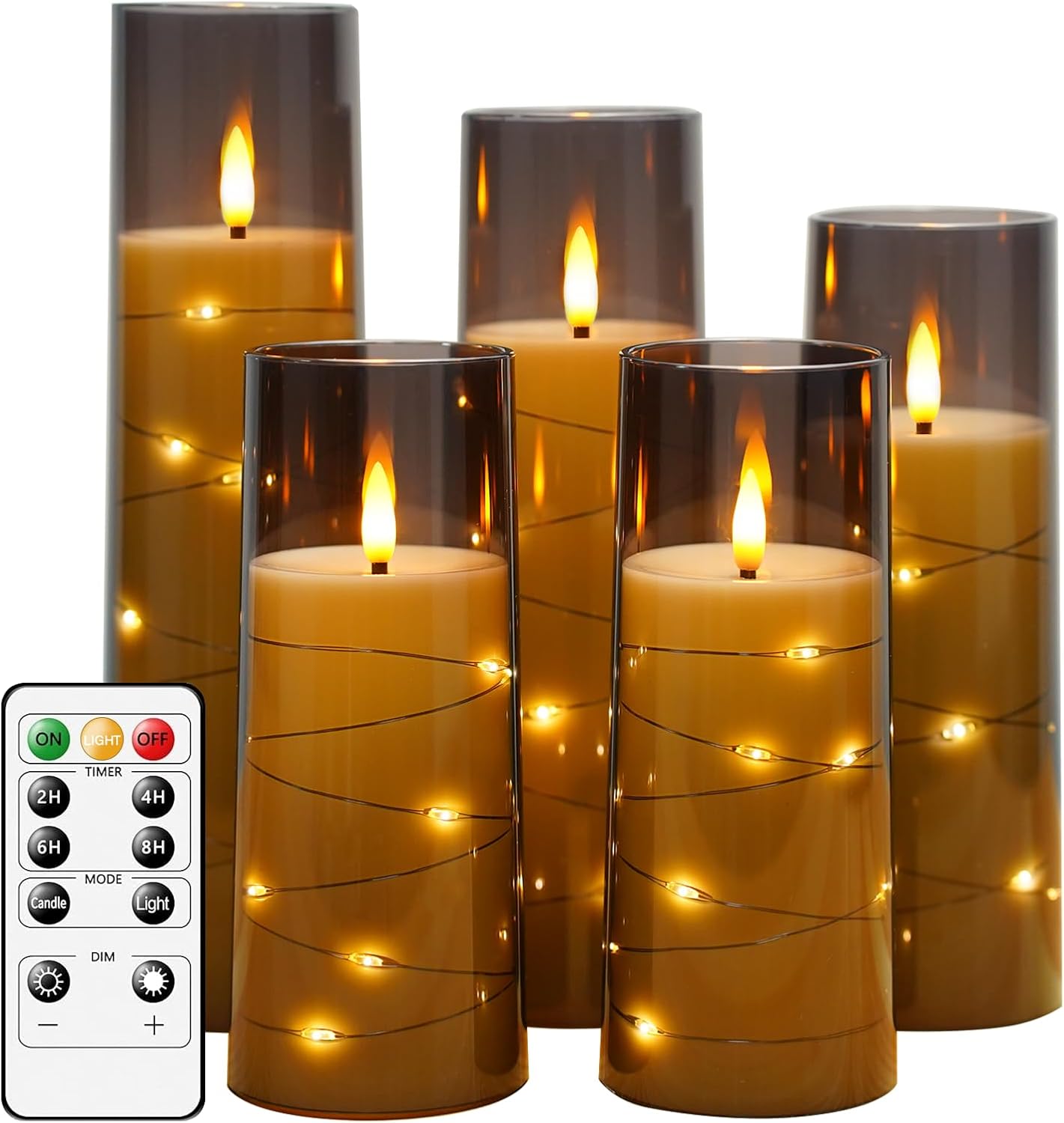 Flameless LED Candles with Timer 5 Pack - Battery Operated Grey