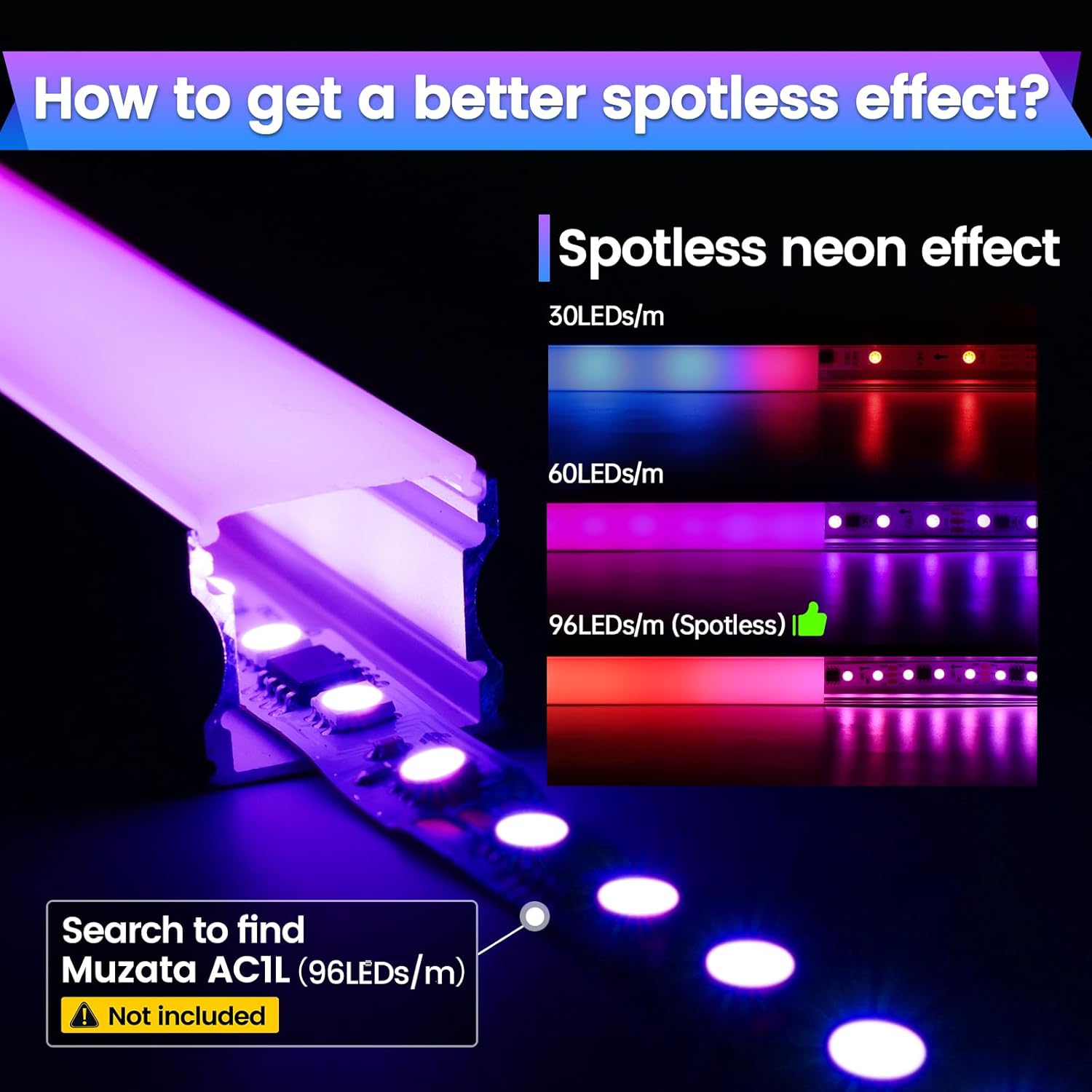 Muzata 164FT RGB LED Strip Light with Milky White Diffuser Cover