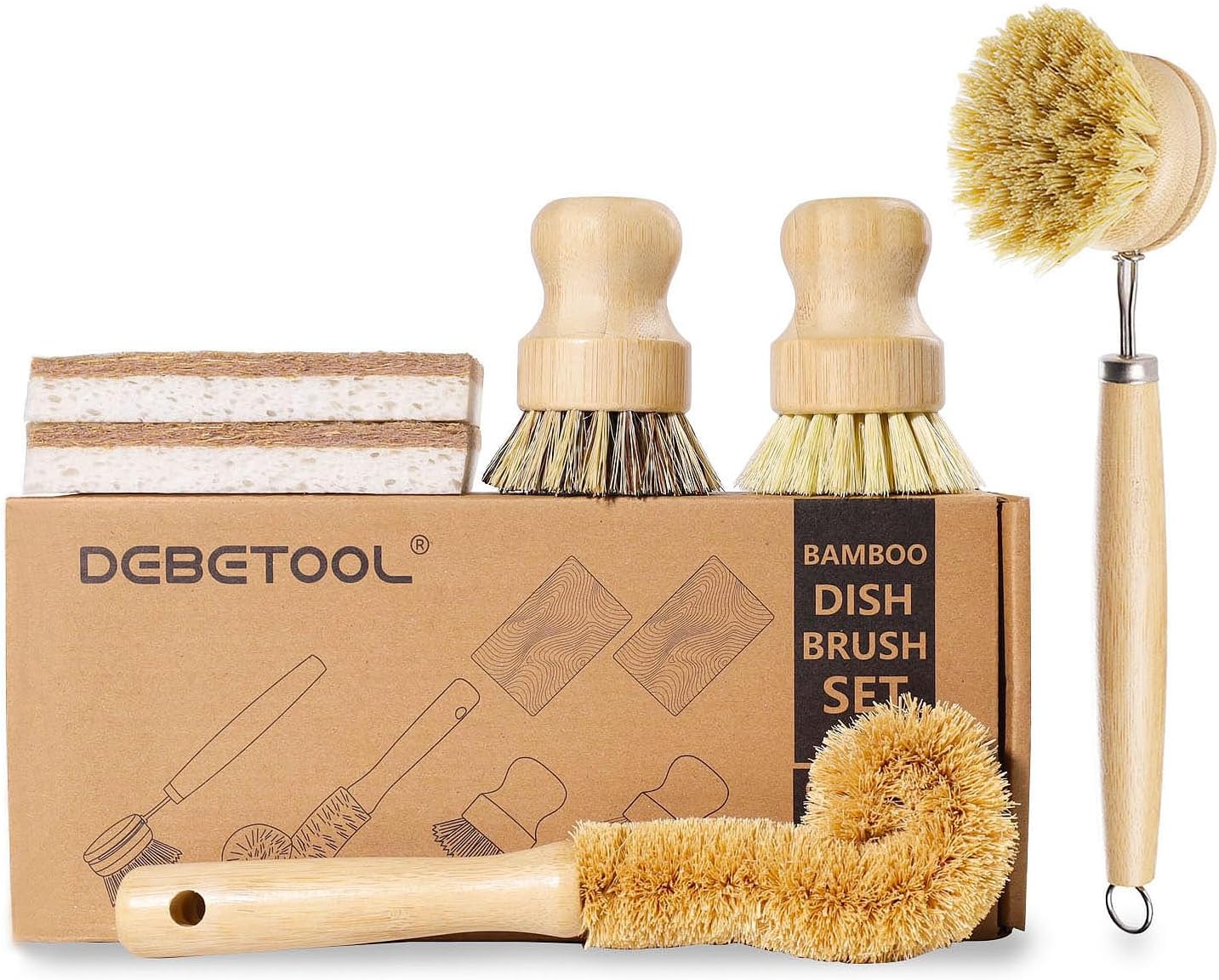 DEBETOOL 6-Piece Bamboo Dish Brush Set