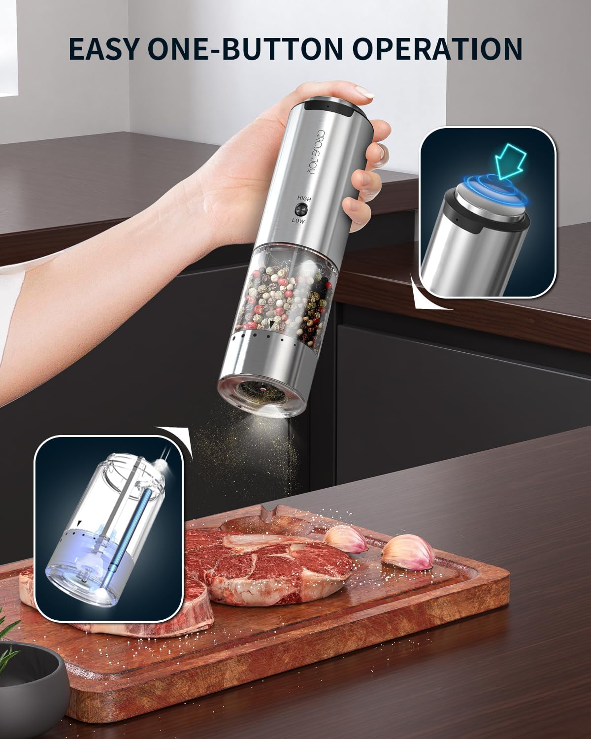 CIRCLE JOY Rechargeable Pepper Mill with Adjustable Coarseness and LED Light