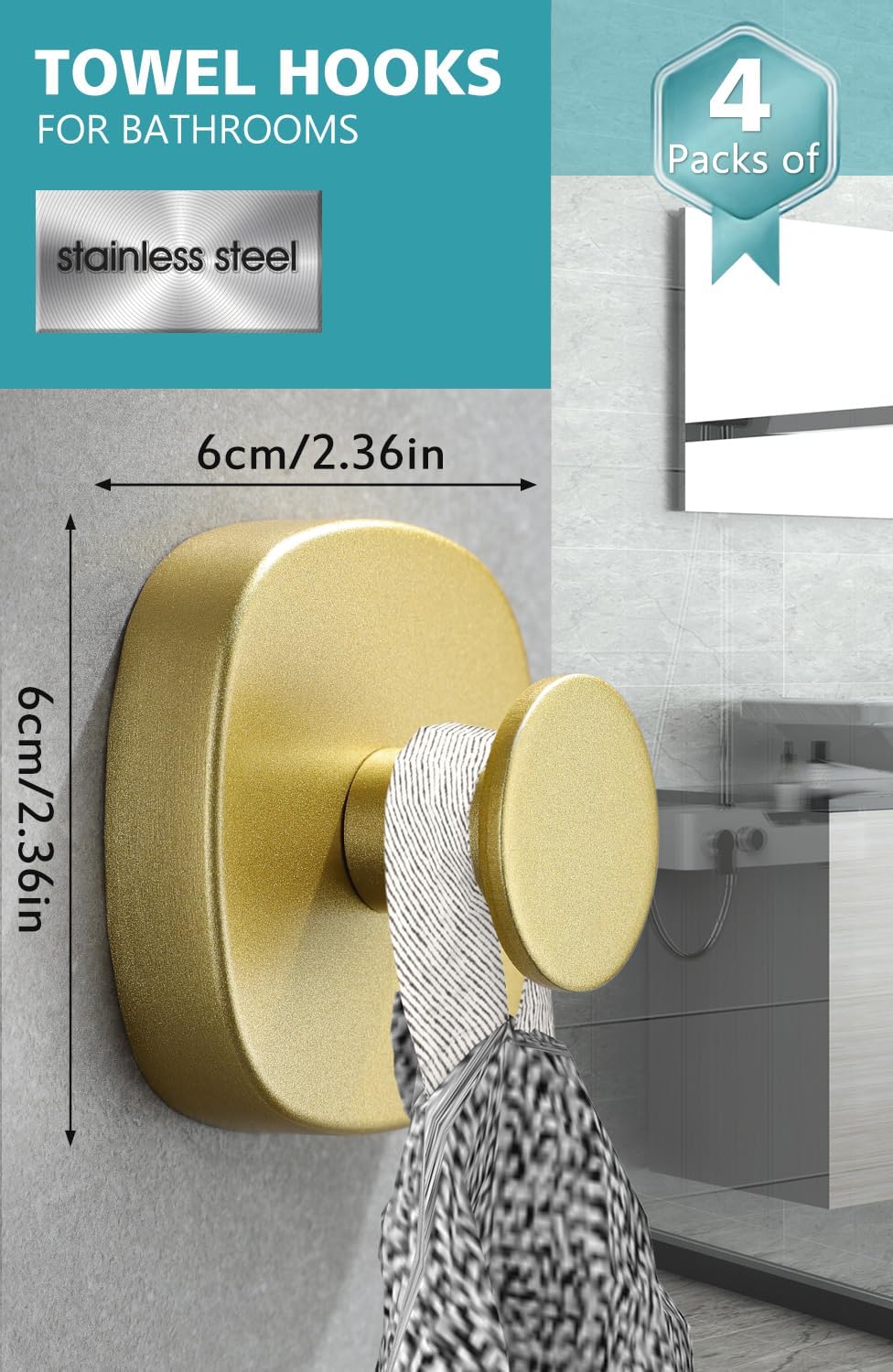 4 Pcs Stainless Steel Suction Cup Hooks for Shower and Bathroom