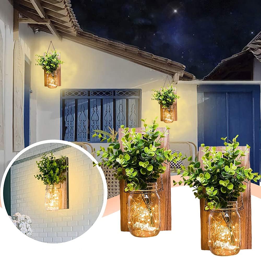 ECTY Rustic Wall Sconces with LED Fairy Lights and Green Plant