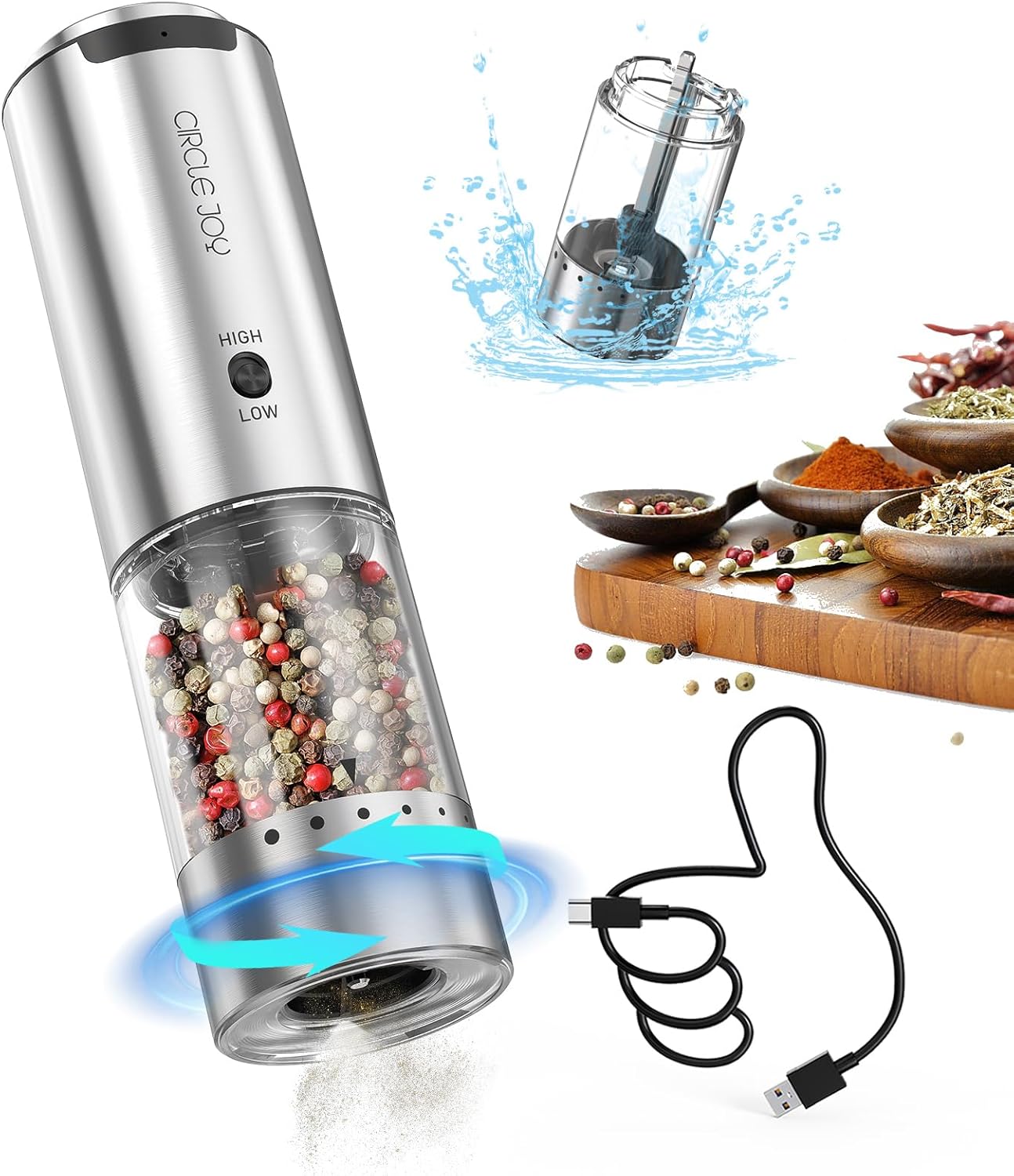 CIRCLE JOY Rechargeable Pepper Mill with Adjustable Coarseness and LED Light