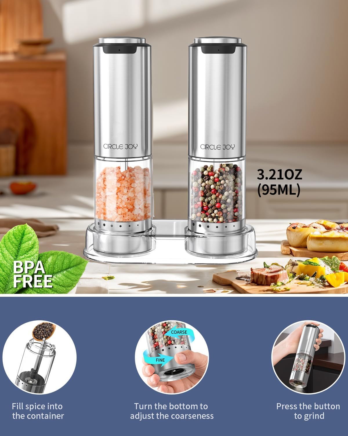 CIRCLE JOY Electric Salt Pepper Grinder Set with Rechargeable Base