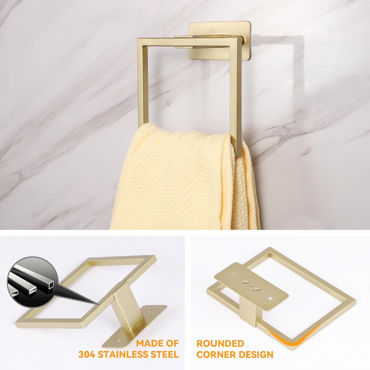 Brushed Gold Stainless Steel Towel Ring for Wall Mount