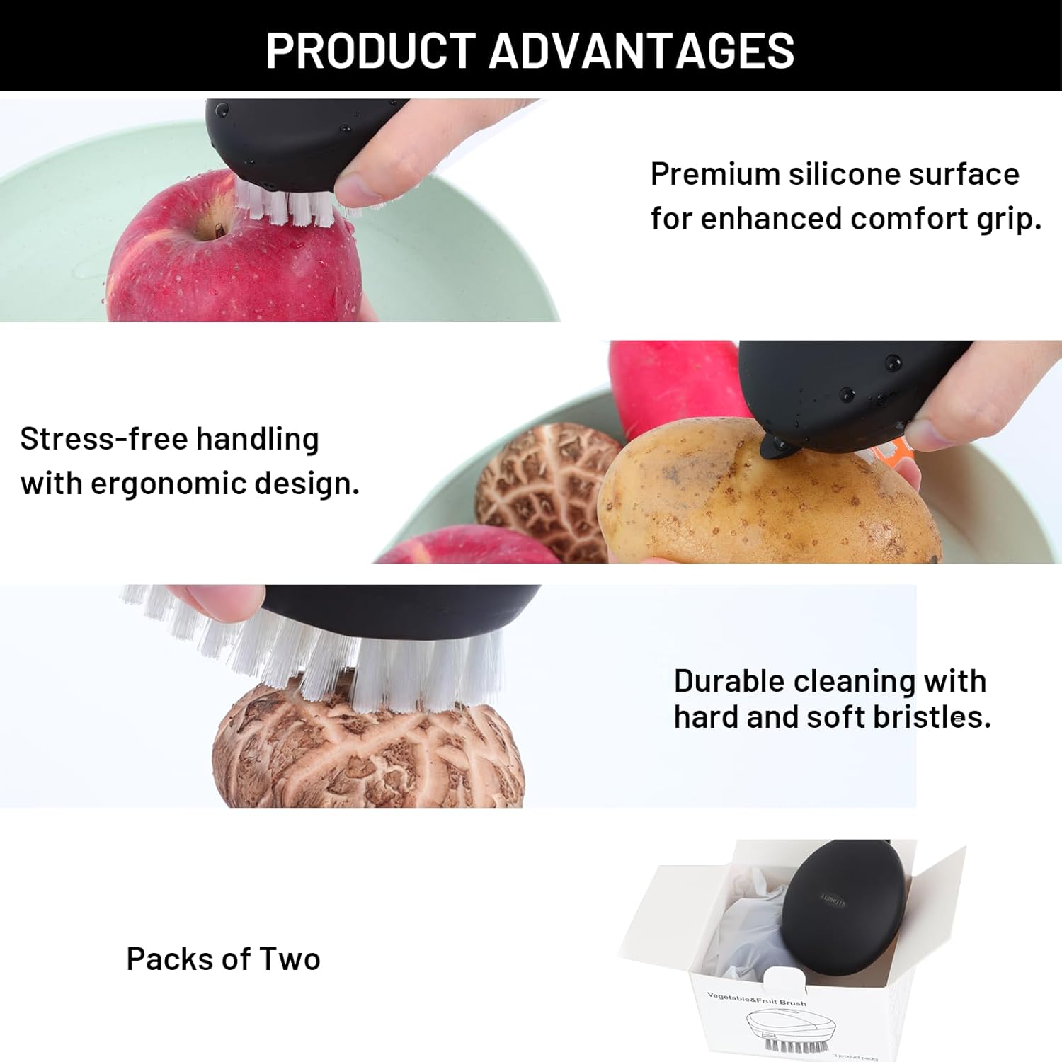 AISHUJIE 2 Pcs Vegetable Brush with Non-Slip Grip