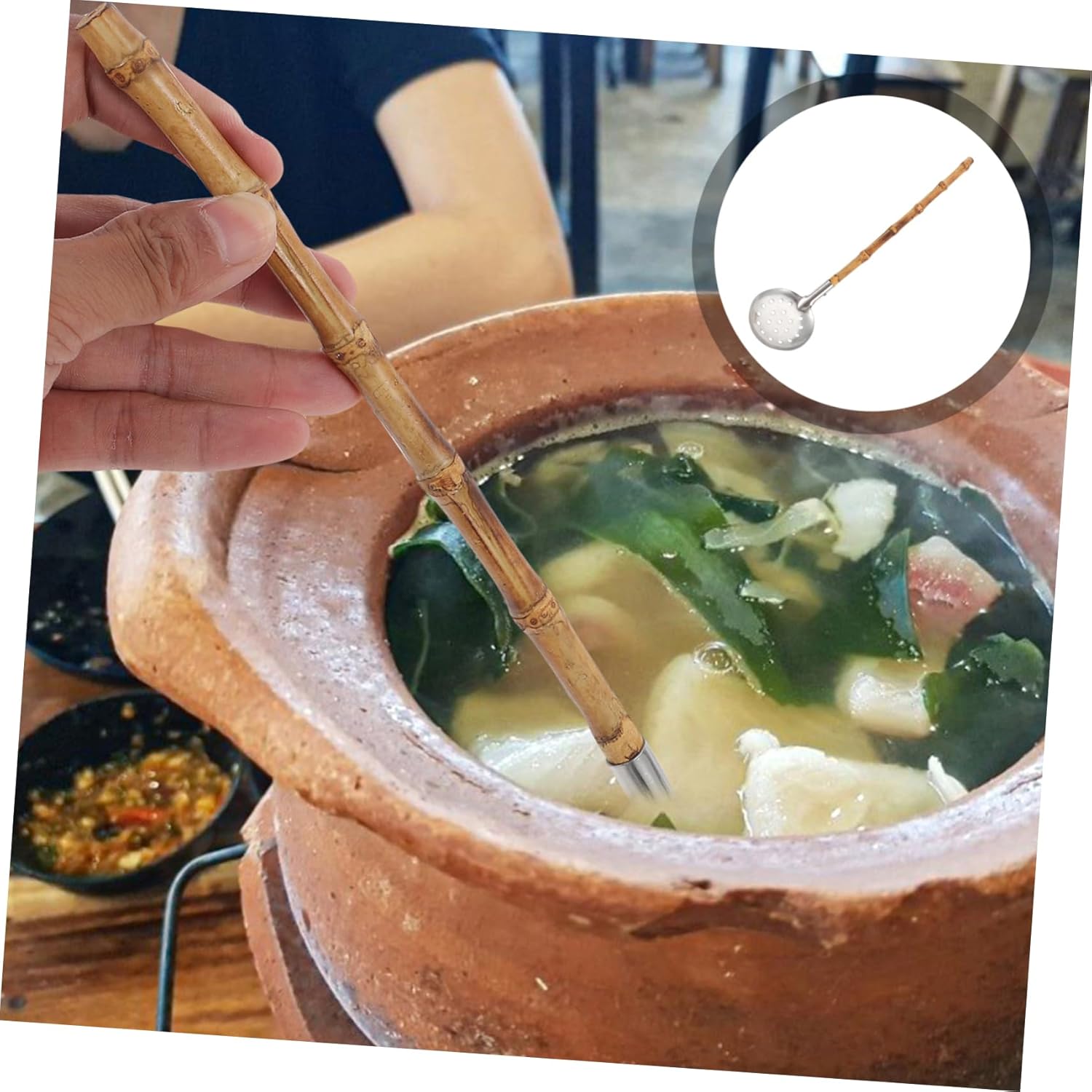 GRIRIW Sturdy Stainless Steel Bamboo Hot Pot Ladle