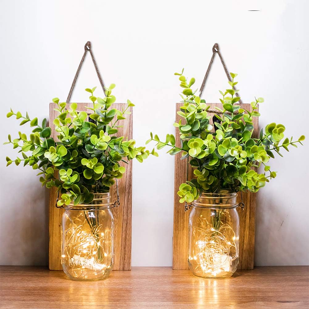 ECTY Rustic Wall Sconces with LED Fairy Lights and Green Plant
