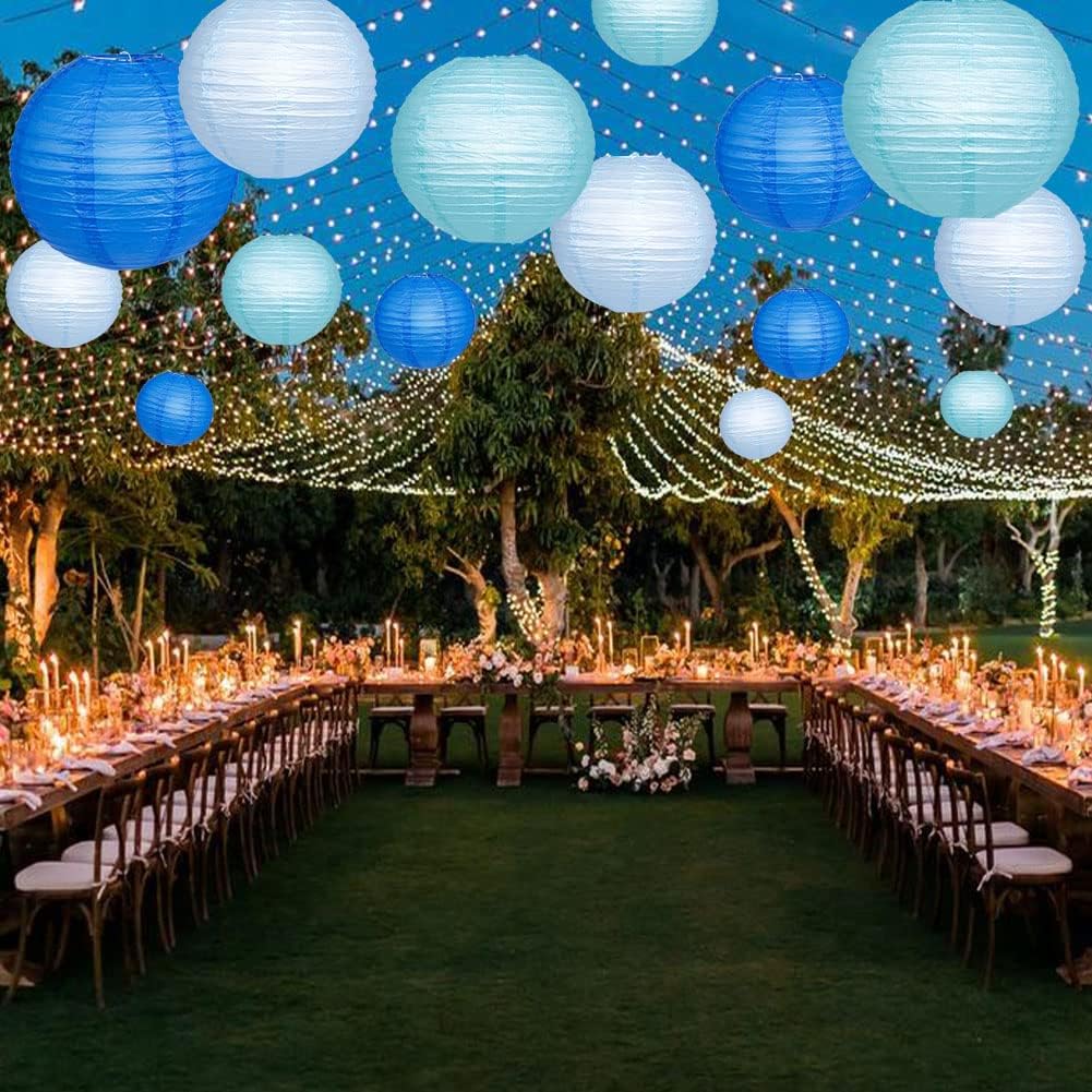 YUNXUAN Blue Paper Lanterns with LED Lights Set of 12