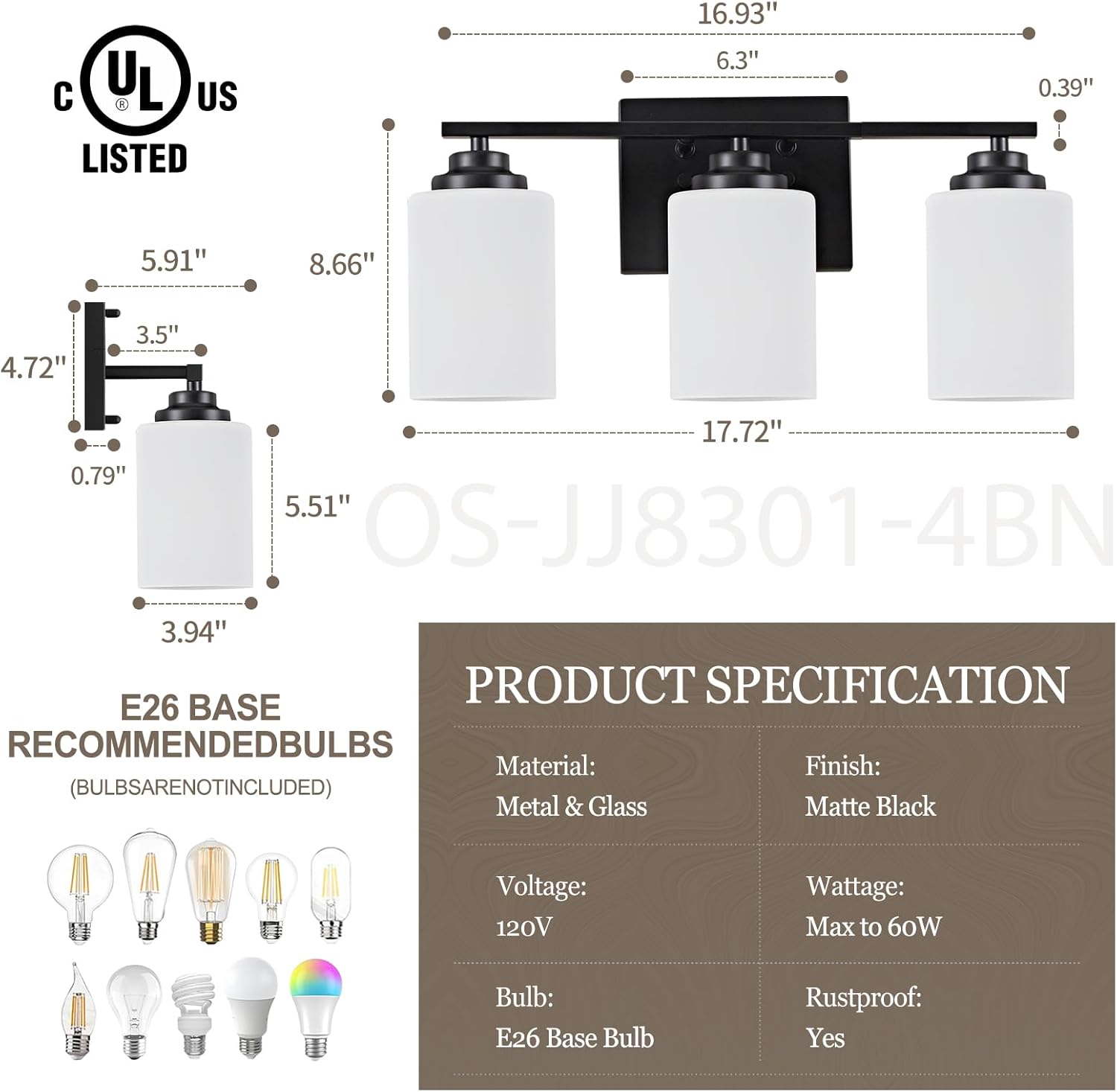 Osimir Black 3-Light Vanity Wall Sconce with Milky Glass