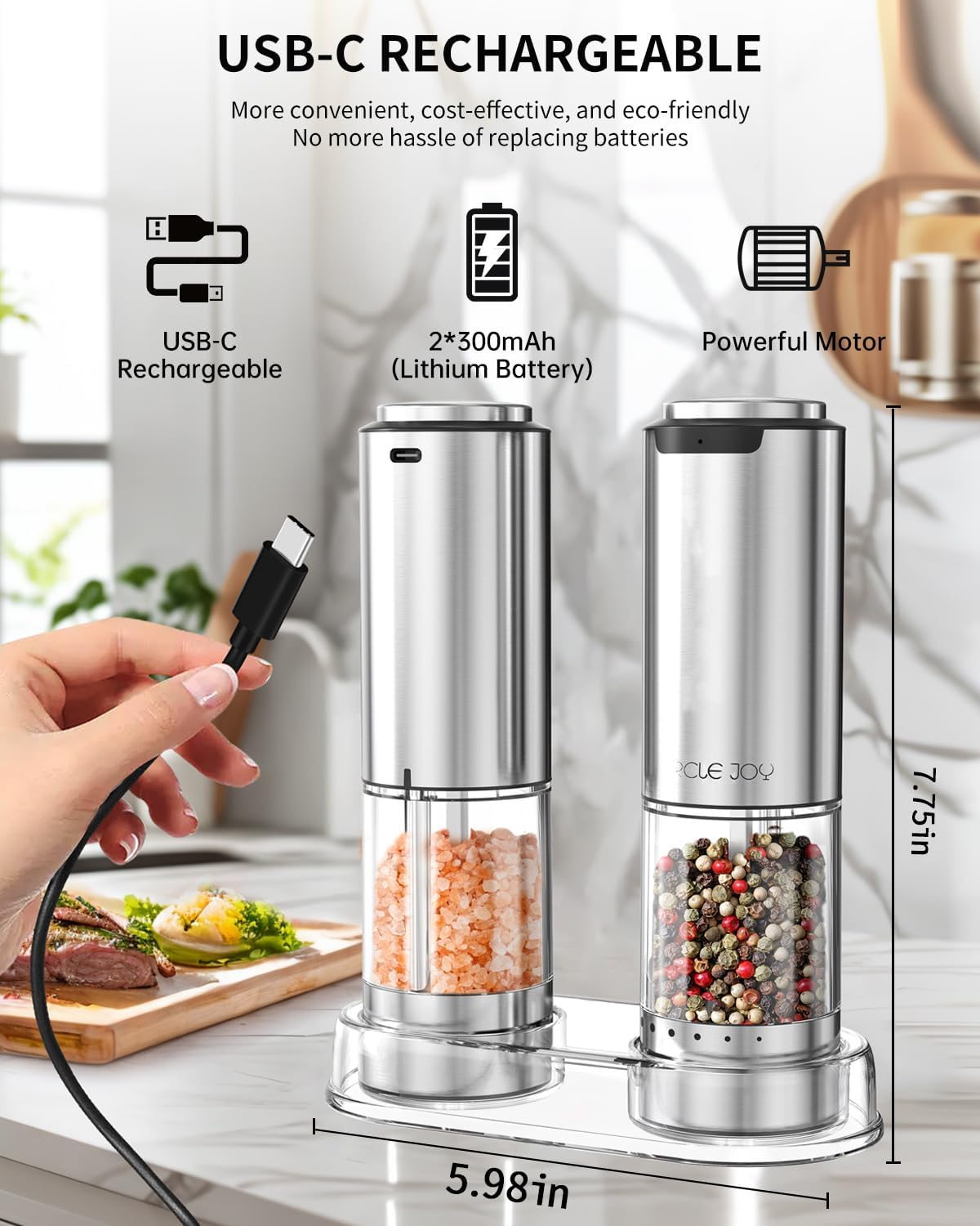 CIRCLE JOY Electric Salt Pepper Grinder Set with Rechargeable Base
