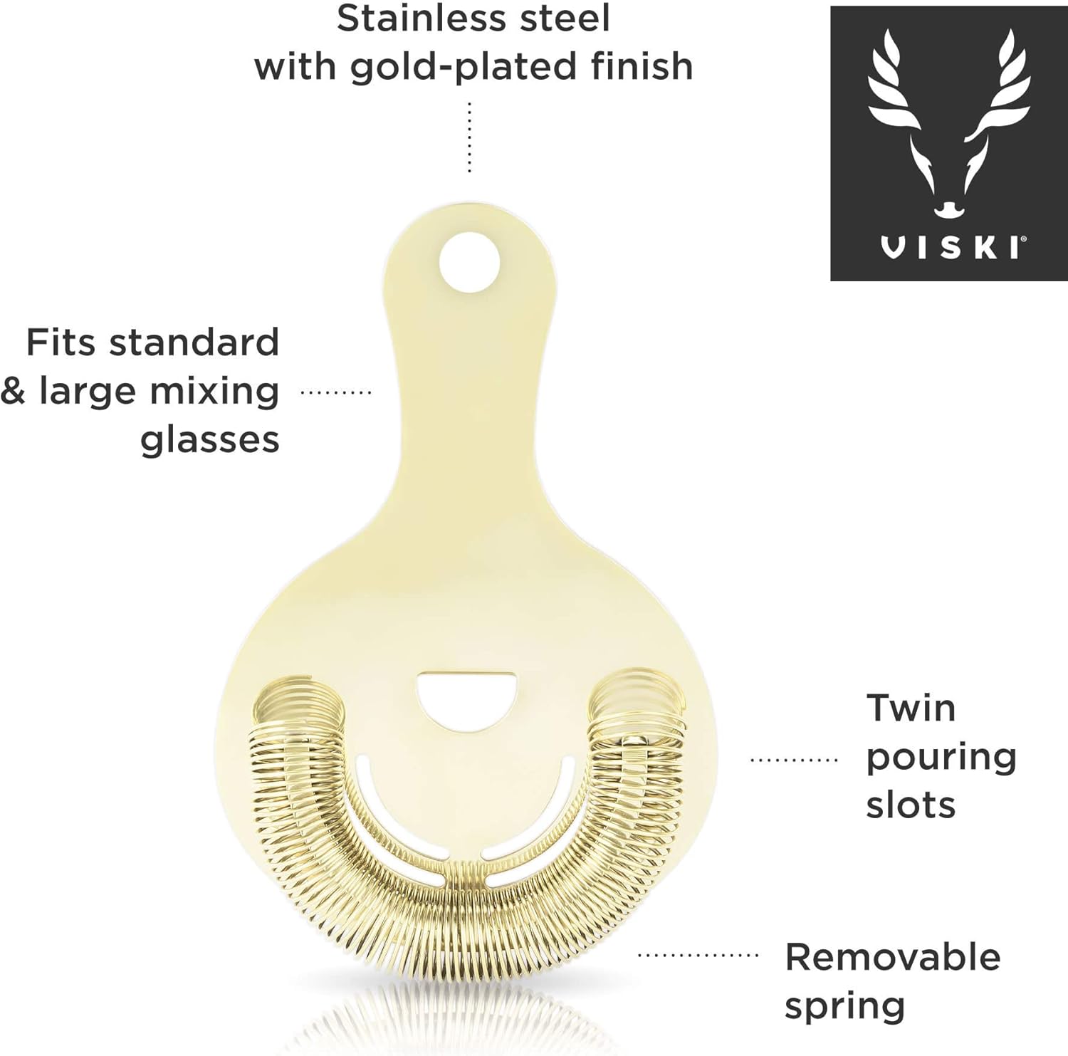 Viski Hawthorne Bar Strainer - Gold Plated Stainless Steel with Handles