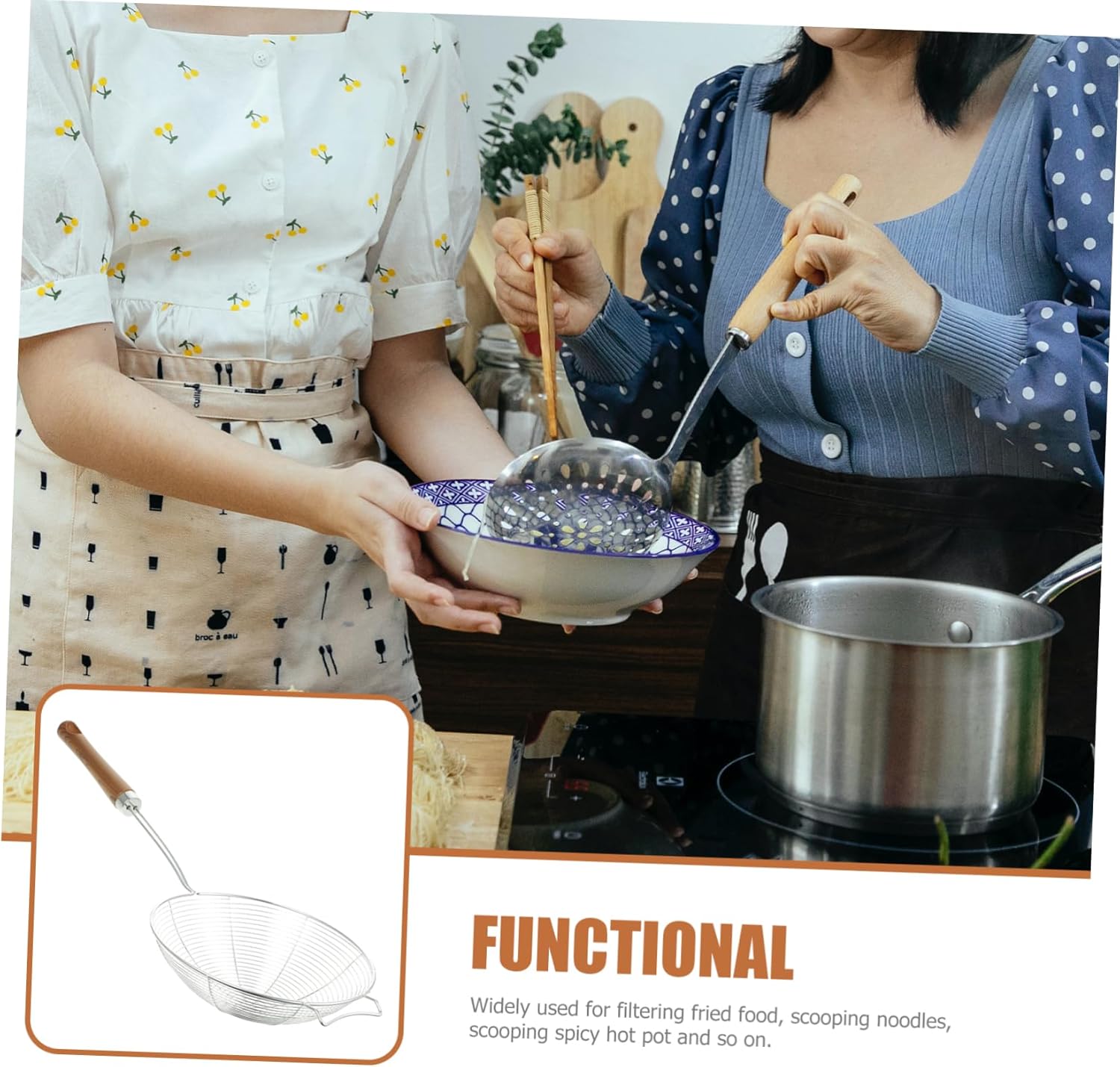 DECHOUS 304 Stainless Steel Mesh Colander with Wooden Handle