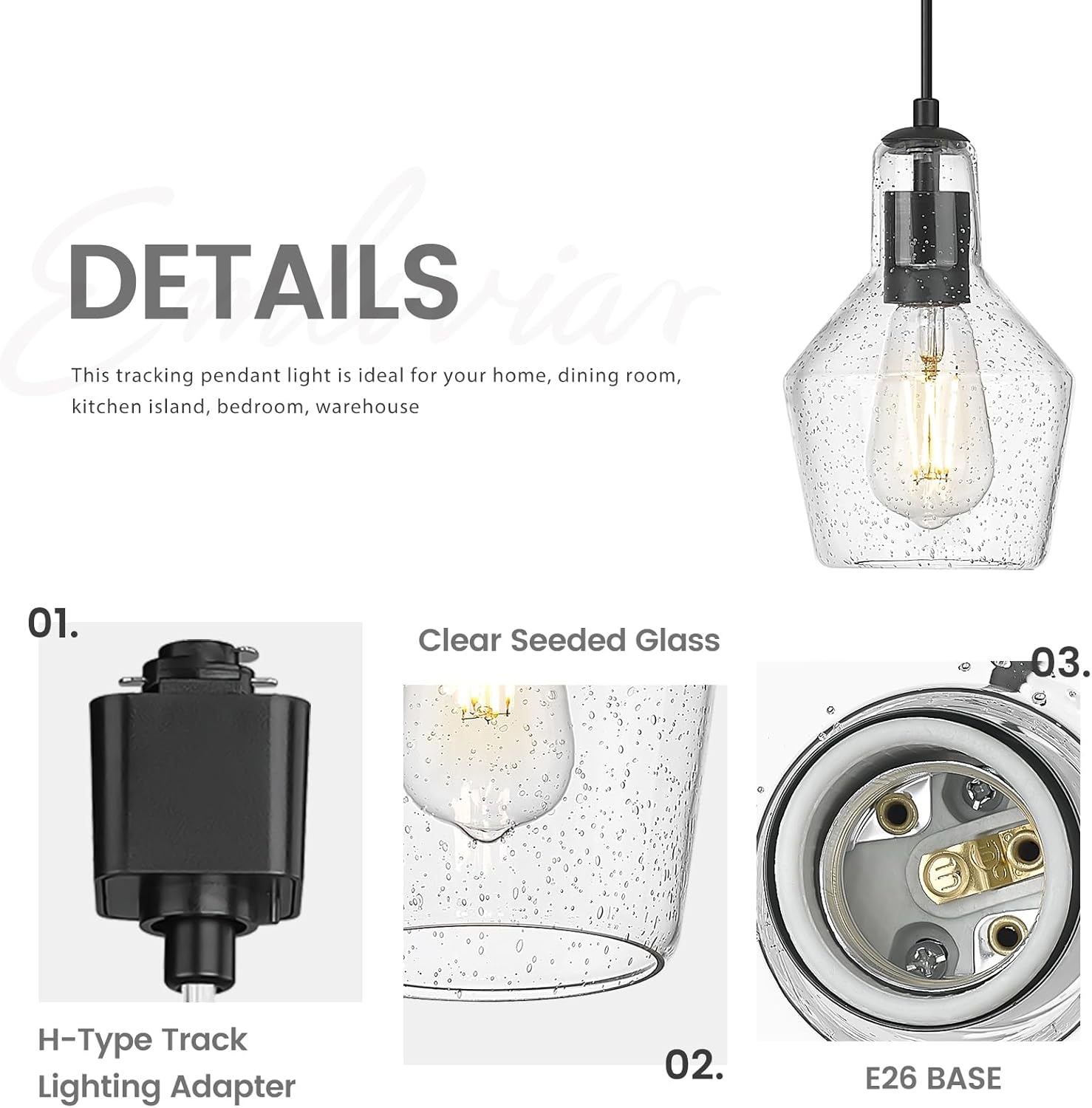 Emliviar 3-Light H Track Pendant Light in Black with Seeded Glass