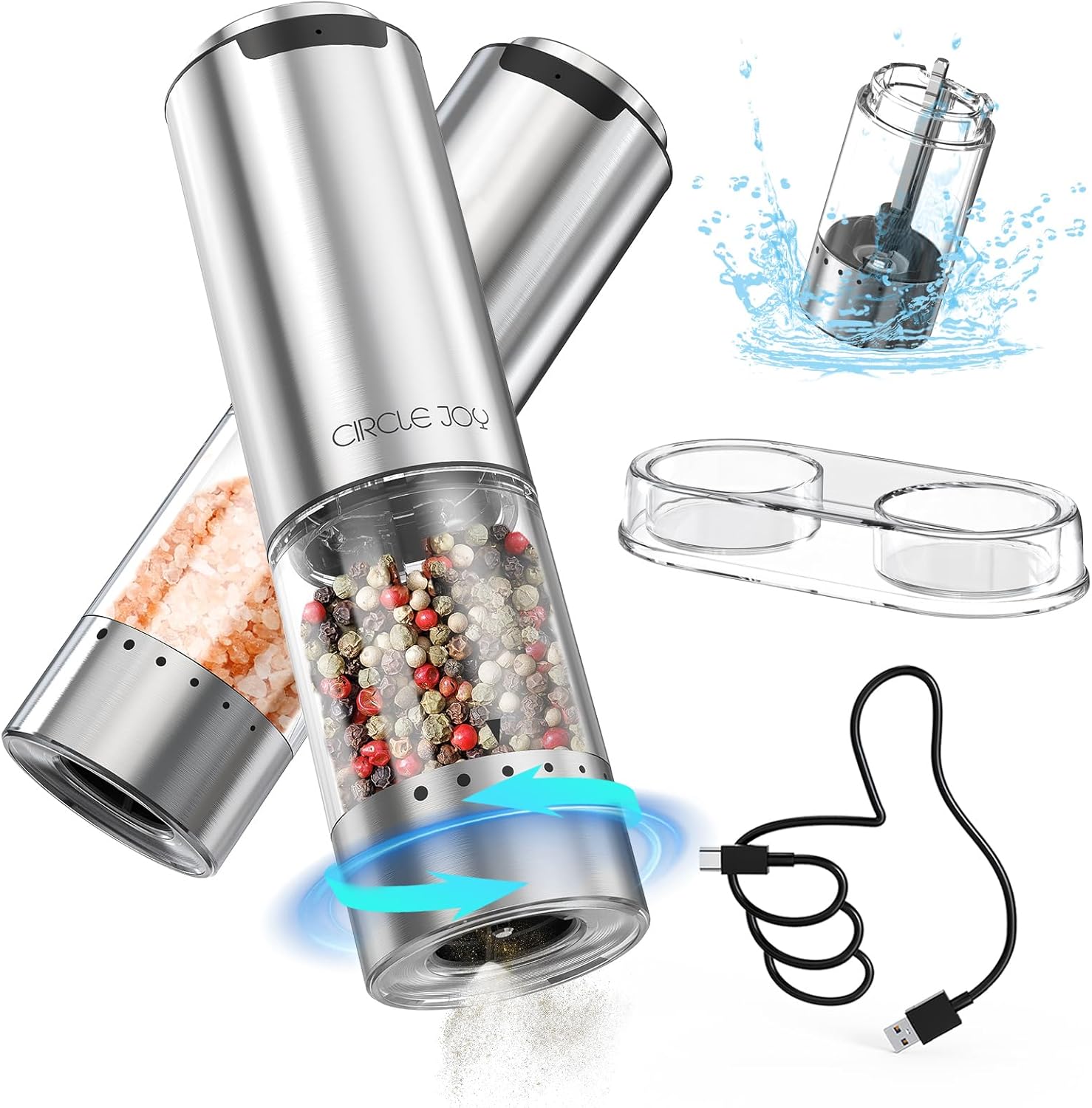 CIRCLE JOY Electric Salt Pepper Grinder Set with Rechargeable Base