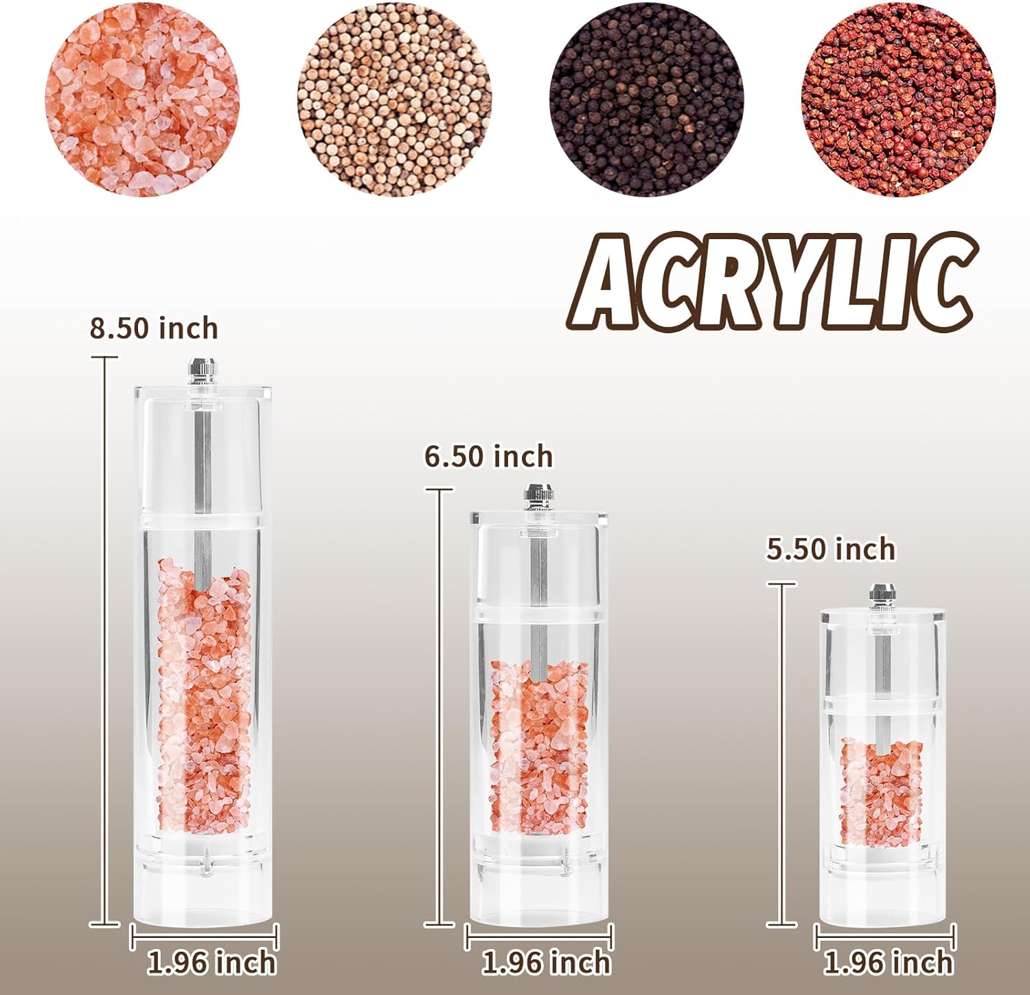 Ununpentium Acrylic Pepper Mill and Salt Shaker - Adjustable Coarseness 85 Inches Tall