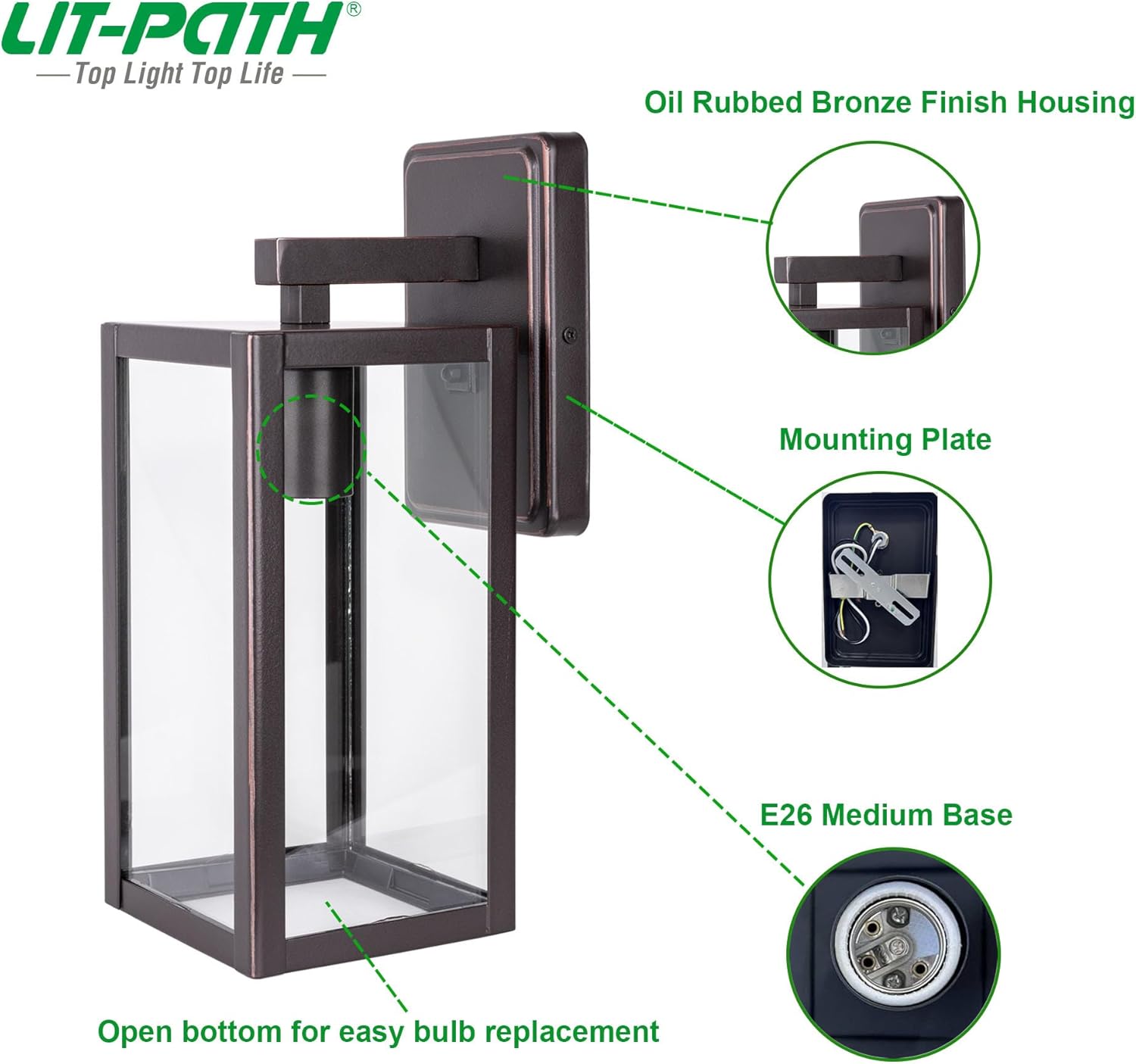 LIT-PaTH 2-Pack Wall Lantern with E26 Base Glass Shade