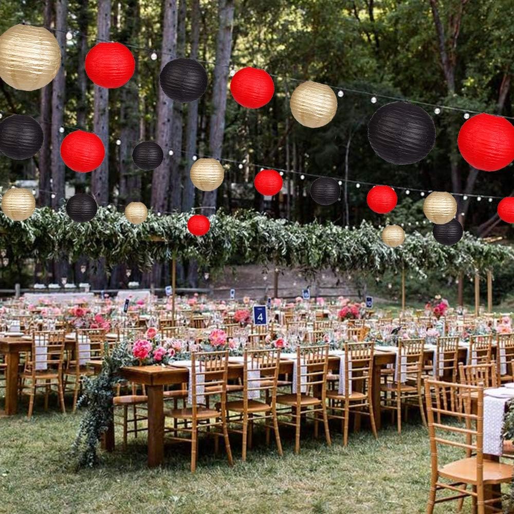 Zilue 15pcs Round Paper Lanterns Black Gold Red Party Decor