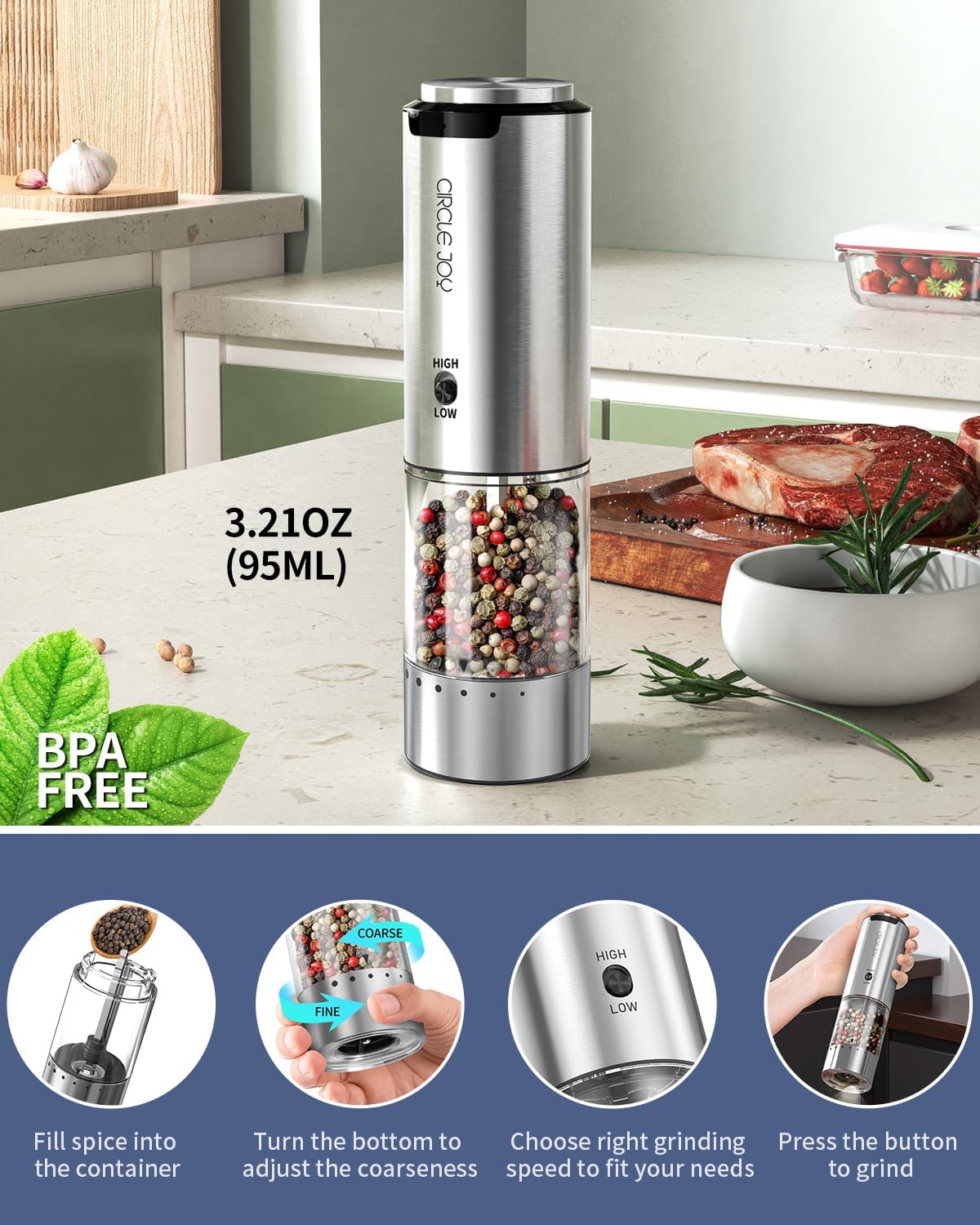 CIRCLE JOY Rechargeable Pepper Mill with Adjustable Coarseness and LED Light