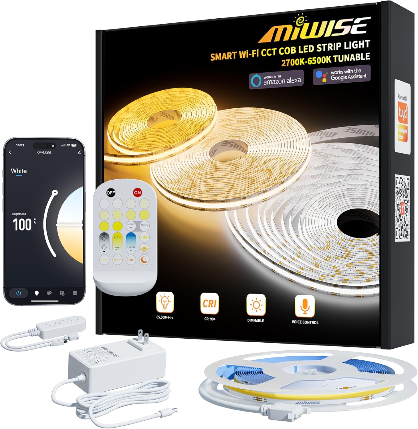 MIWISE CCT COB LED Strip Light 20ft Dimmable 2700K-6500K 1