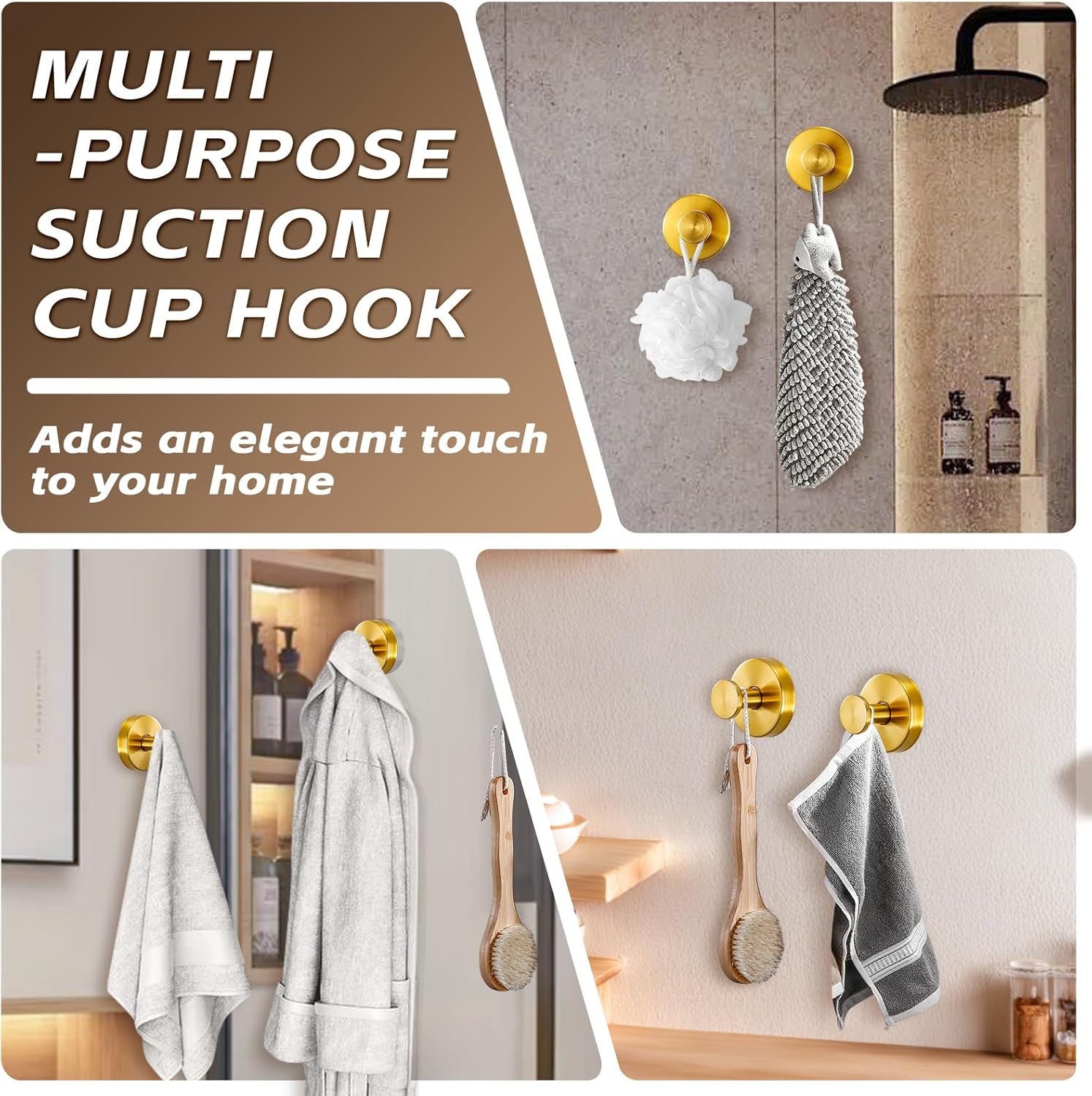 Supopular Reusable Suction Cup Hooks - Heavy Duty 22 Brushed Gold