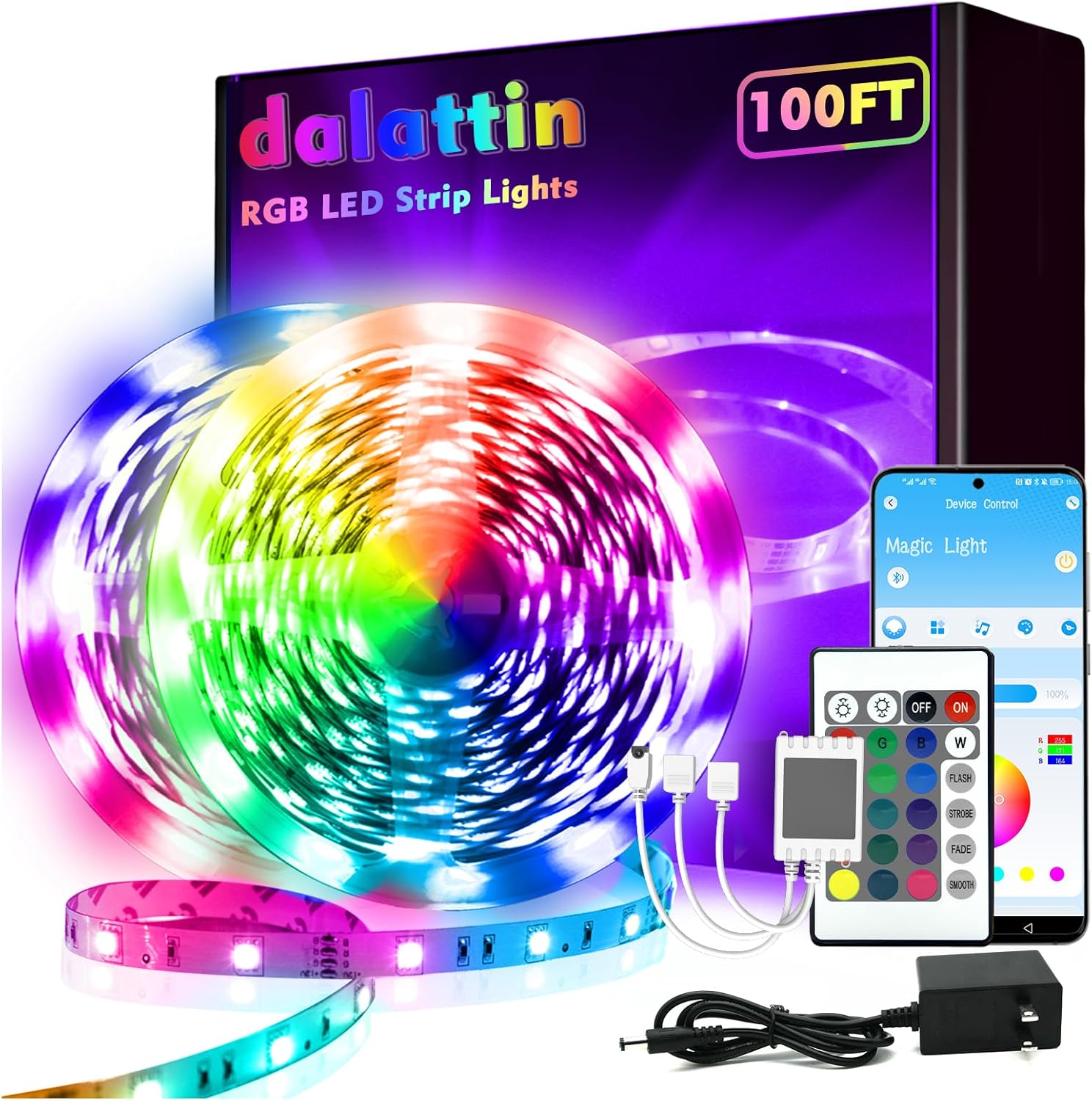 Dalattin 100ft LED Strip Lights 2 Rolls 50ft RGB Music Sync